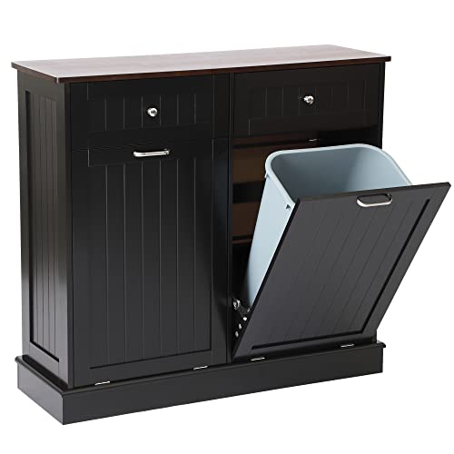 LOUVIXA Tilt Out Trash Bin Cabinet - Dog Proof Trash Can Holder with 2 Solid Wood Hideaway Drawers, Freestanding Recycling Storage Organizer for Kitchen, Bathroom & Laundry (Black)