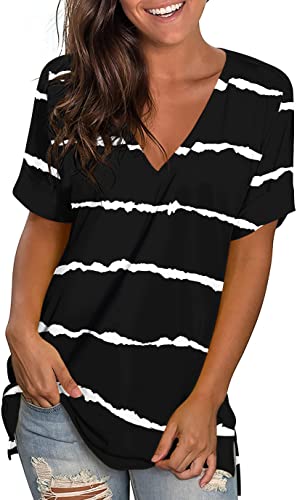 LONGYUAN Women's Short Sleeve V-Neck T-Shirts - Casual Loose Fit Tunic Top, Soft Comfortable Blouse for Everyday Wear, Work & Weekend Outfits