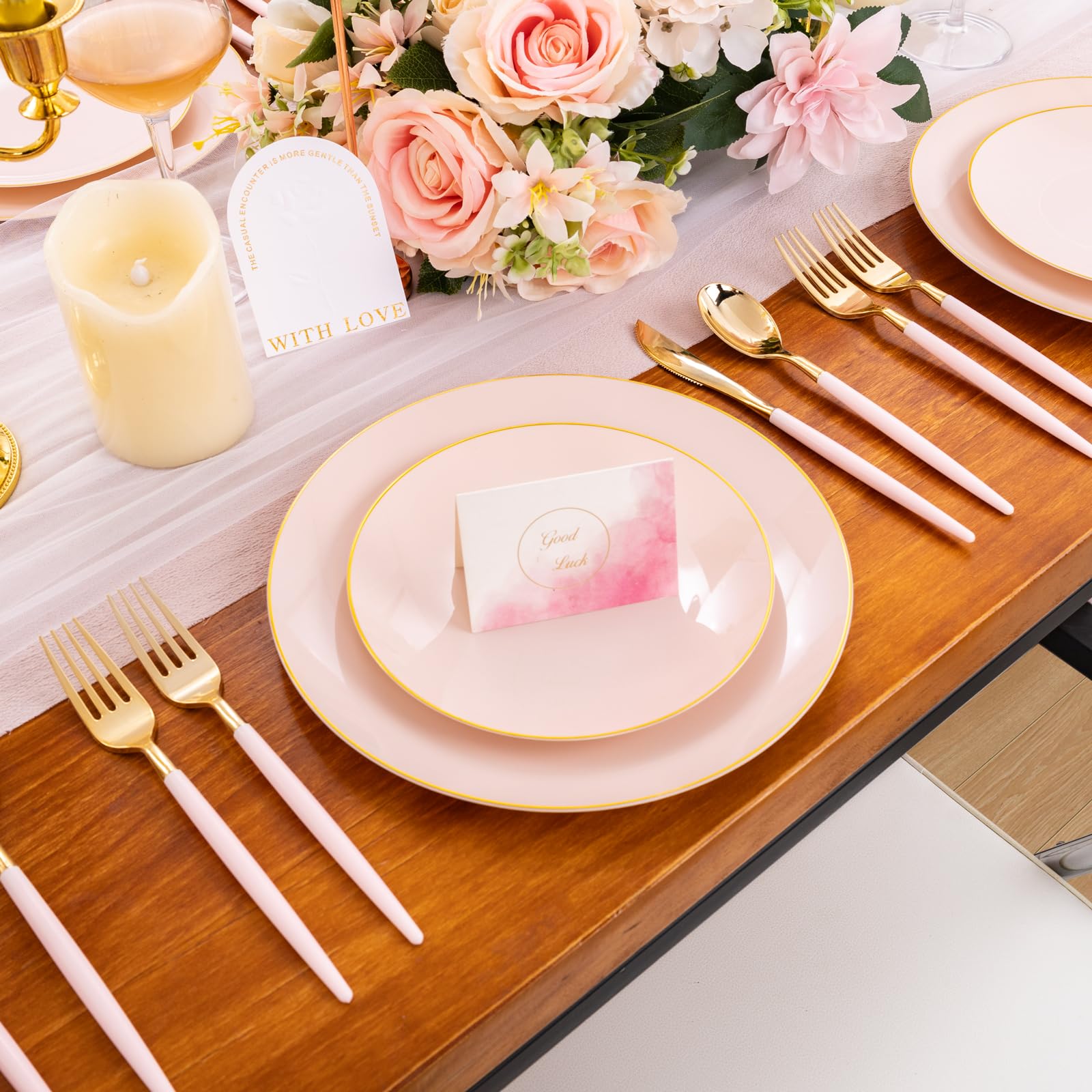 Liacere 150-Piece Pink Plastic Dinner Plates Set with Gold Silverware - Disposable Plates & Cutlery for 30 Guests, Perfect for Weddings, Easter, Mother's Day & Party Events - Elegant Tableware for Celebrations & Special Occasions