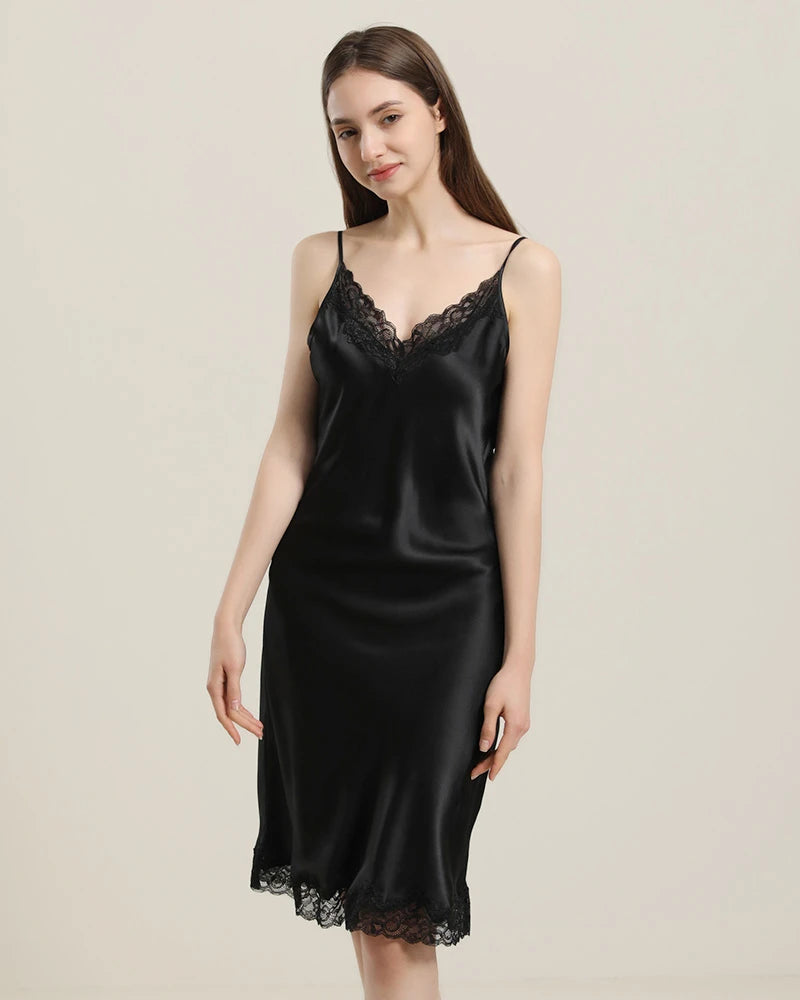 Elegant Silk Nightgown with Delicate Lace Trim - Women's Luxury Sleepwear for Comfortable Nights & Romantic Occasions