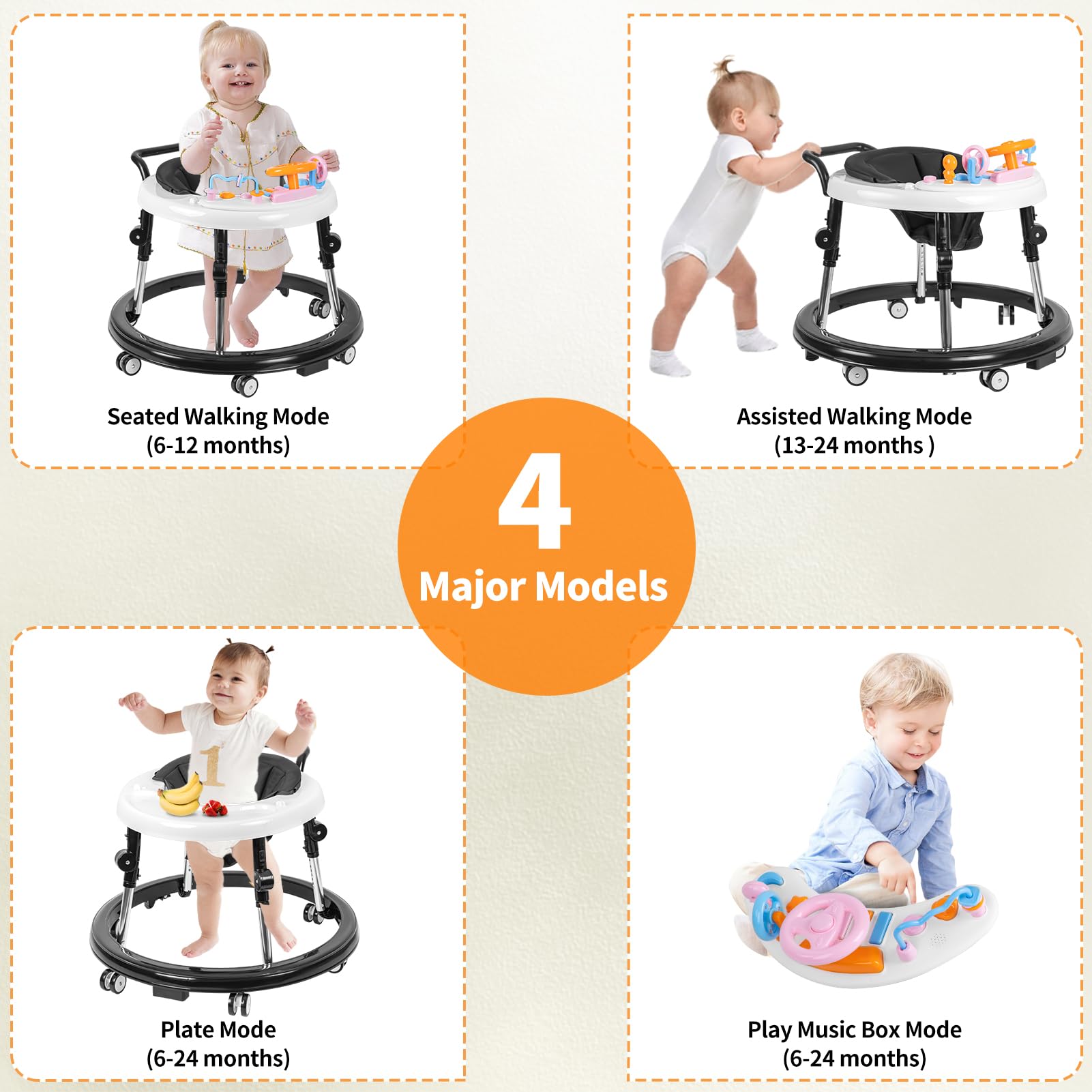 Foldable 9-Speed Adjustable Baby Walker with Wheels & Music - Anti-Fall Infant Activity Center with Foot Pads for Boys & Girls 6-24 Months - Perfect for Learning to Walk & Indoor Playtime
