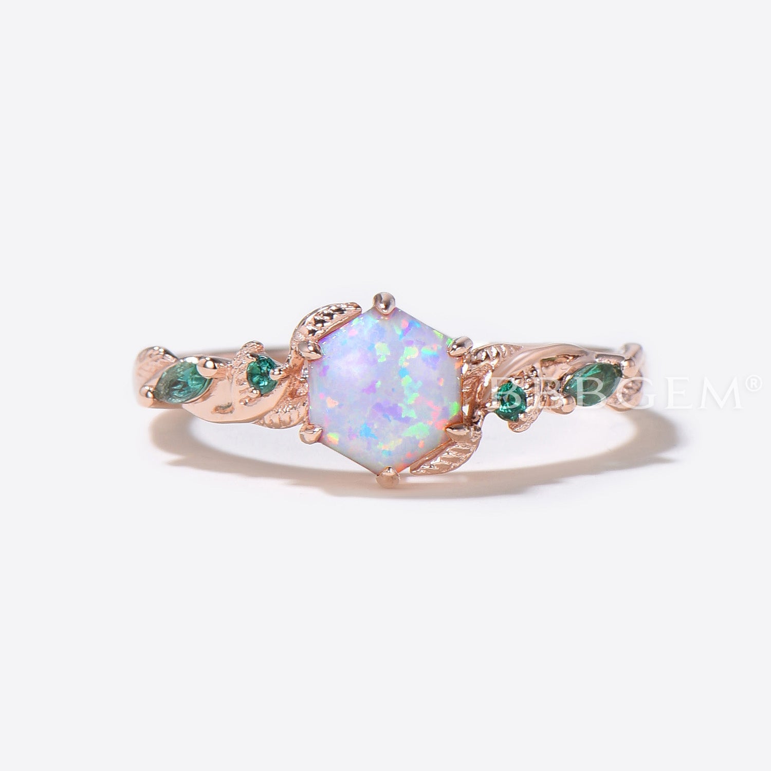 10K Rose Gold Hexagon Cut White Opal Engagement Ring Set - Nature Inspired Leaf Vine Bridal Ring with October Birthstone | Perfect for Weddings, Anniversaries & Nature-Themed Jewelry Lovers