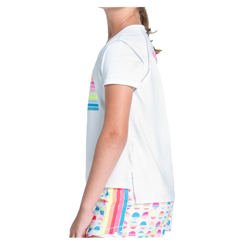 Retro Sunset Print Short Sleeve Tennis Top for Girls - White | Vintage Style Athletic Shirt for Women's Tennis, Volleyball & Casual Wear