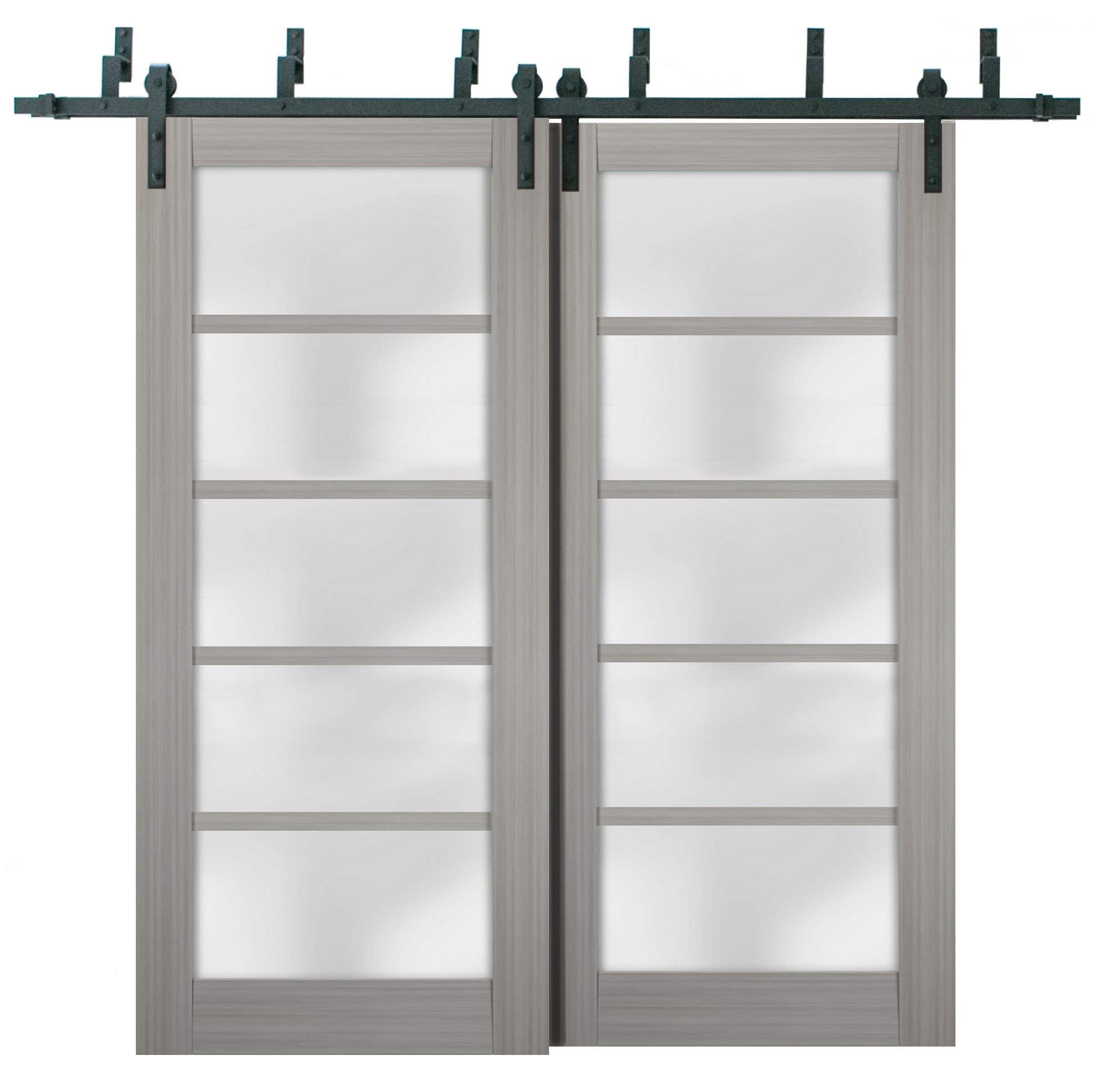 SARTODOORS 36x84 Inch Frosted Glass Sliding Barn Closet Doors - Quadro 4002 Grey Ash Finish with 6.6ft Top Mount Hardware Set | Solid Wood Wardrobe Doors for Bedroom & Walk-in Closet | Modern Space-Saving Solution for Home Organization