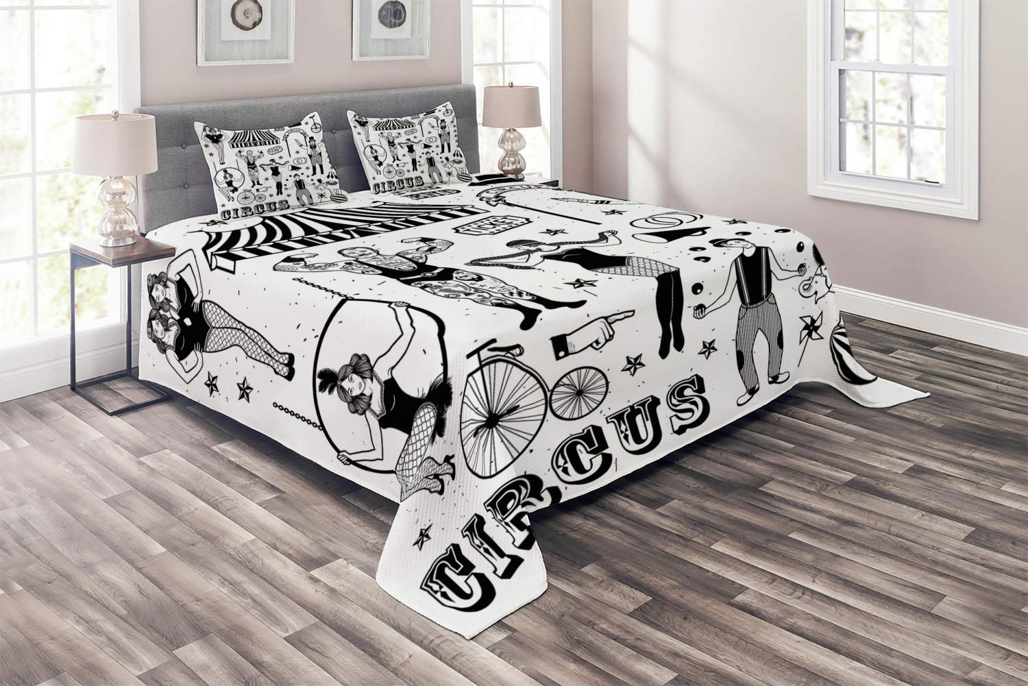 Ambesonne Circus 3-Piece Quilted Bedspread Set - King Size Charcoal Grey & White, Monochrome Acrobat & Elephant Design - Includes Coverlet & 2 Pillow Shams | Perfect for Circus-Themed Bedrooms, Guest Rooms & Vintage Home Decor