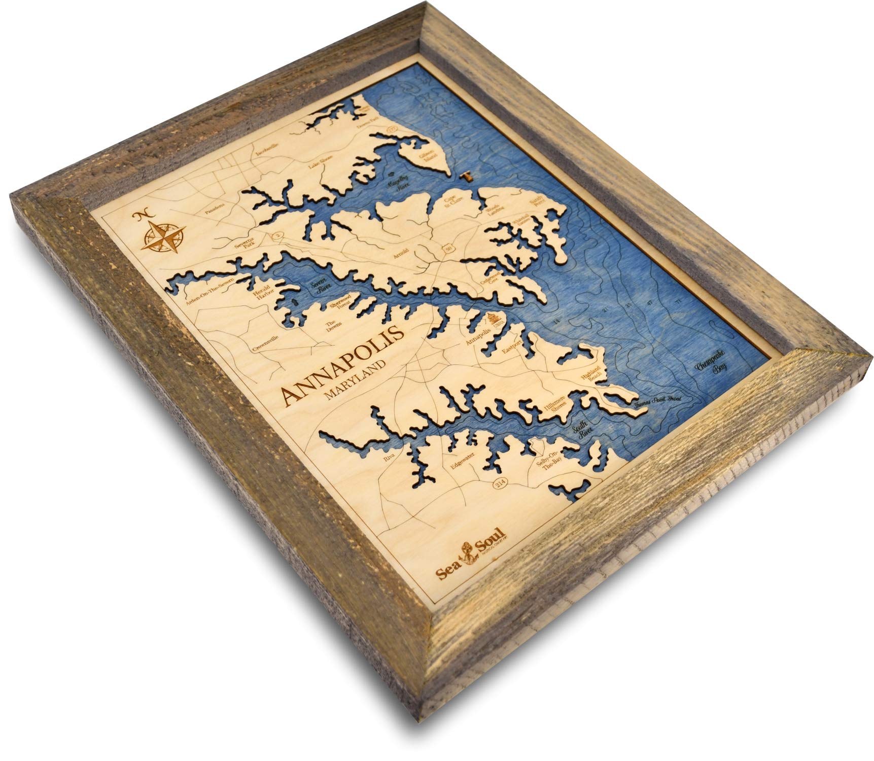 Sea & Soul Annapolis 3D Nautical Wood Map Wall Art - Handcrafted USA-Made 13”x16” Coastal Decor - Rustic Pine & Deep Blue Wooden Chart - Perfect for Beach House, Office, or Lake Cabin Decor - Unique Housewarming & Wedding Gift Idea