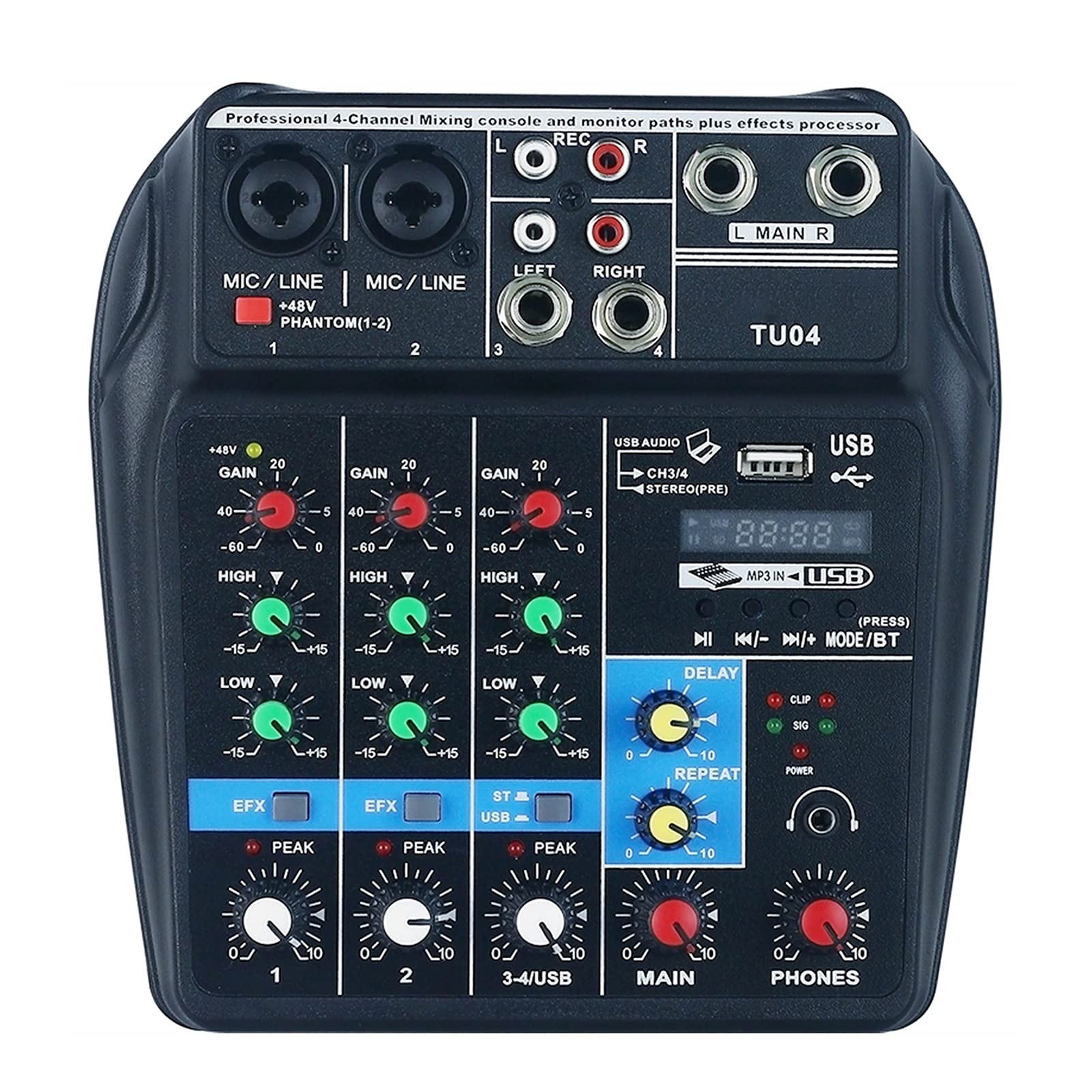 Professional HEYUAN 4-Channel DJ Audio Mixer with 48V Phantom Power - Live Sound Card & External USB Audio Interface for PC/Mac, Perfect for Streaming, Podcasting & Music Production