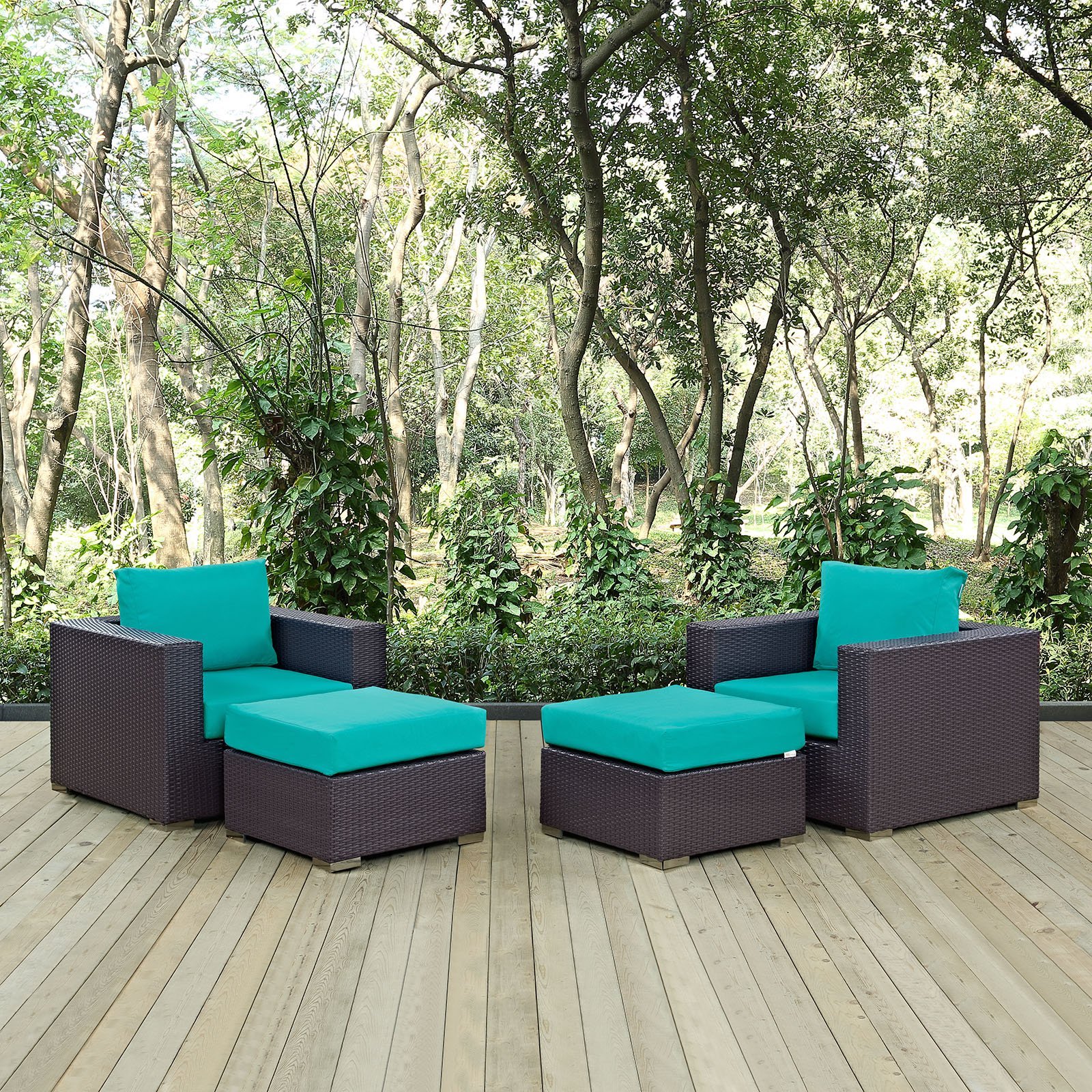 Modway Convene 4-Piece Outdoor Patio Furniture Set - Wicker Rattan Sofa & Chairs in Espresso & Turquoise - Perfect for Backyard, Garden, Poolside & Patio Relaxation