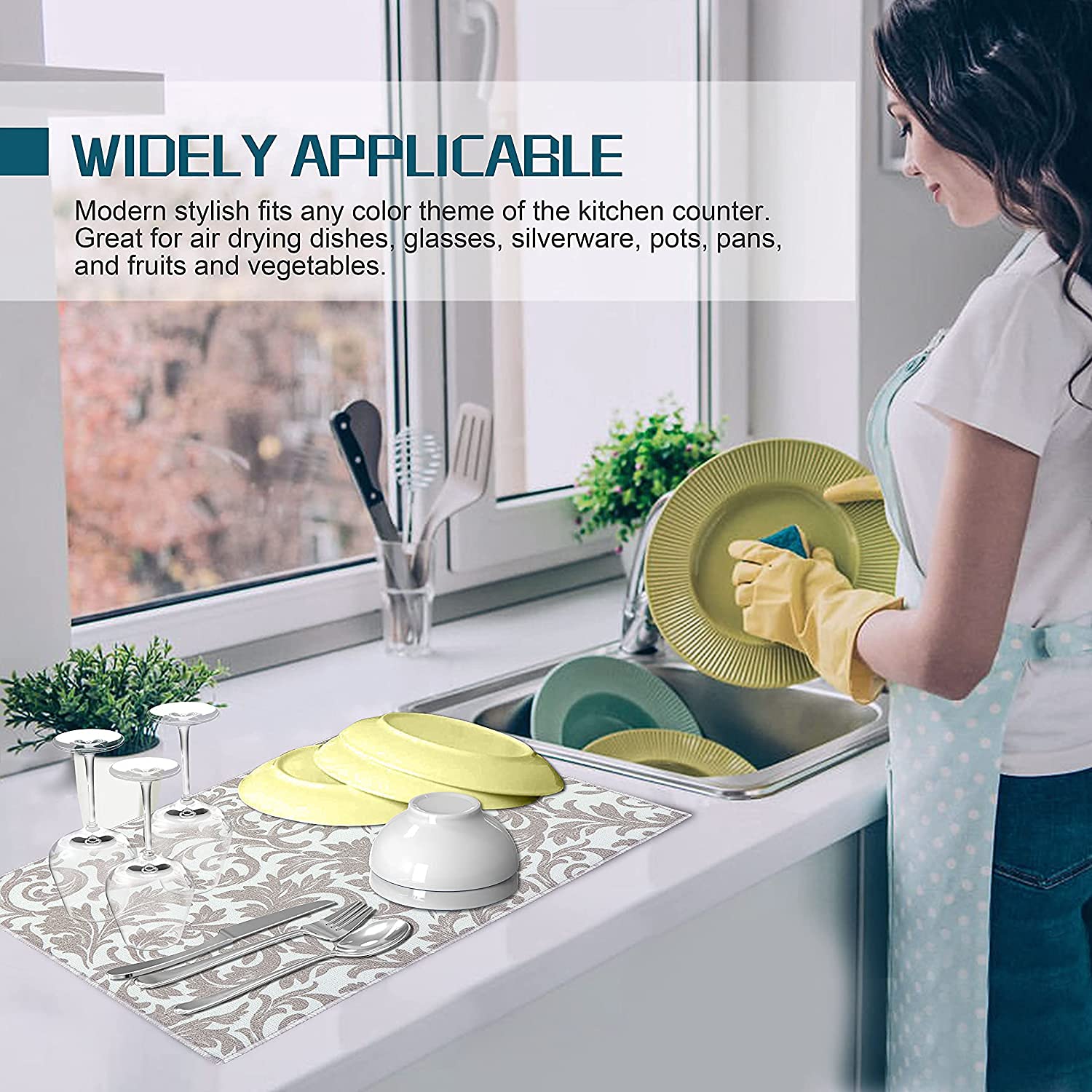 Absorbent Dish Drying Mat - Machine Washable Kitchen Counter Mat (Grey Vine) for Drying Dishes & Utensils