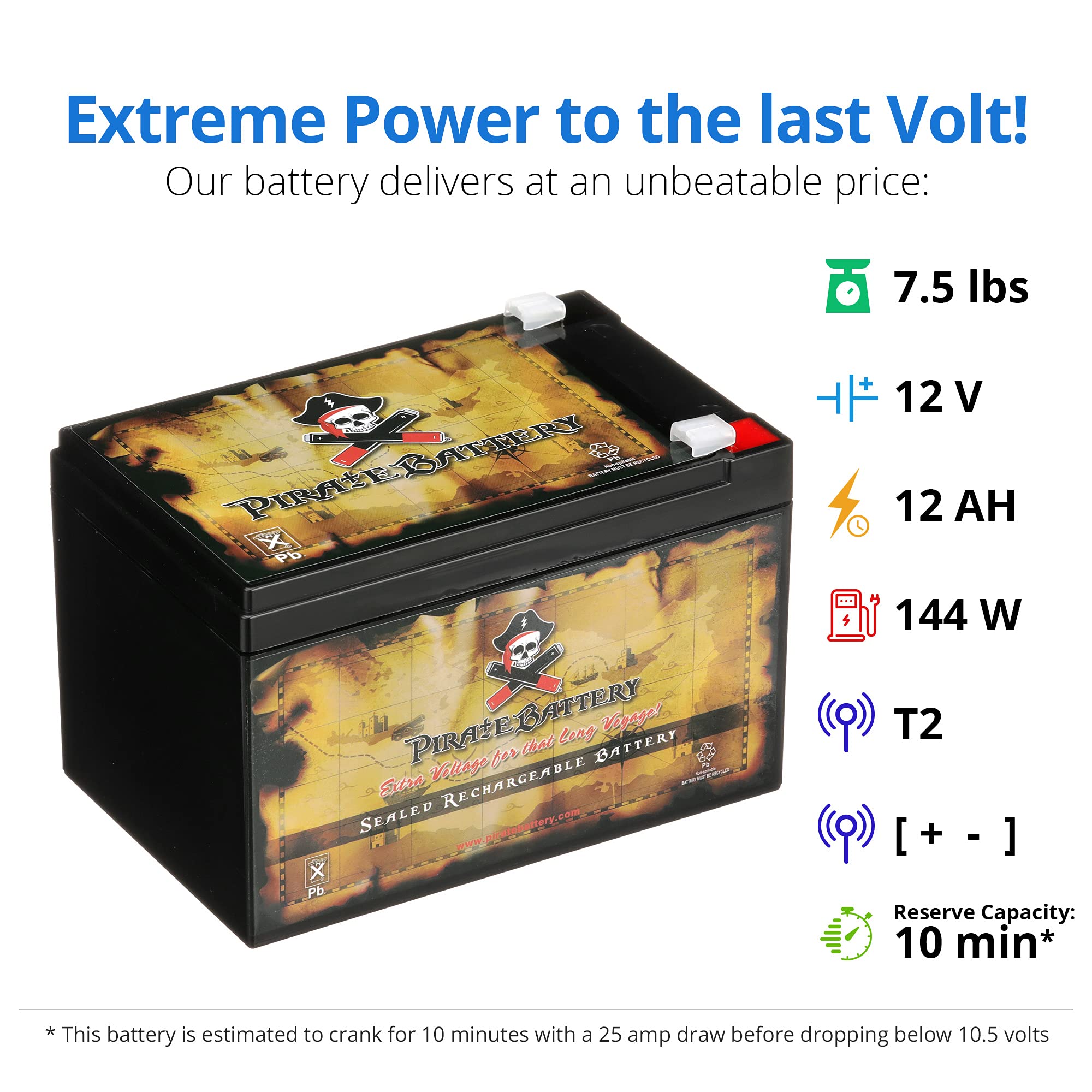 12V 12AH 144W Sealed Lead Acid (SLA) Rechargeable Battery with T2 Terminals - Perfect for Solar Power Systems, Emergency Backup, UPS, and Electric Scooters - by Pirate Battery