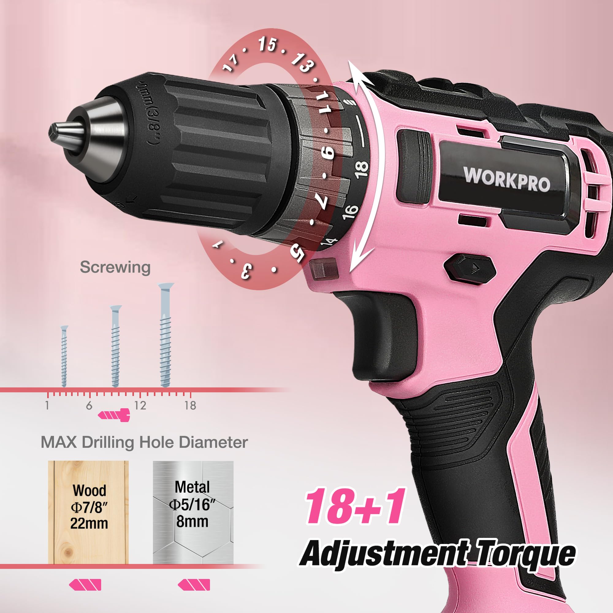 WORKPRO 20V Pink Cordless Drill Driver Kit with 141-Piece Hand Tool Set, 2.0Ah Li-ion Battery & Fast Charger - Perfect for DIY Projects, Home Repairs & Construction Work - Includes Durable Tool Box (Pink Ribbon Edition)
