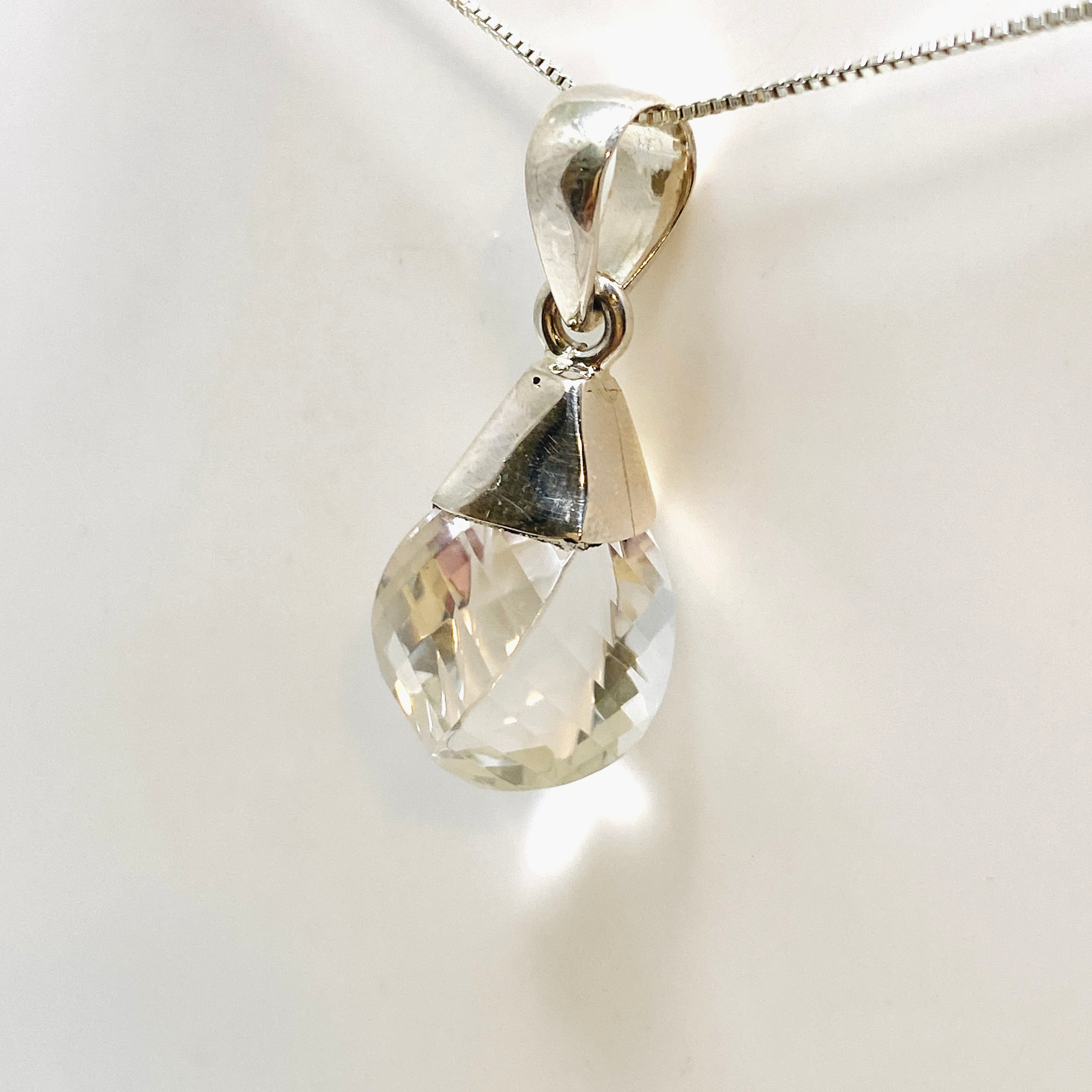 Natural Clear Quartz Briolette Faceted Pendant Necklace - 925 Sterling Silver Jewelry for Women - Perfect for Meditation, Healing & Spiritual Gifts