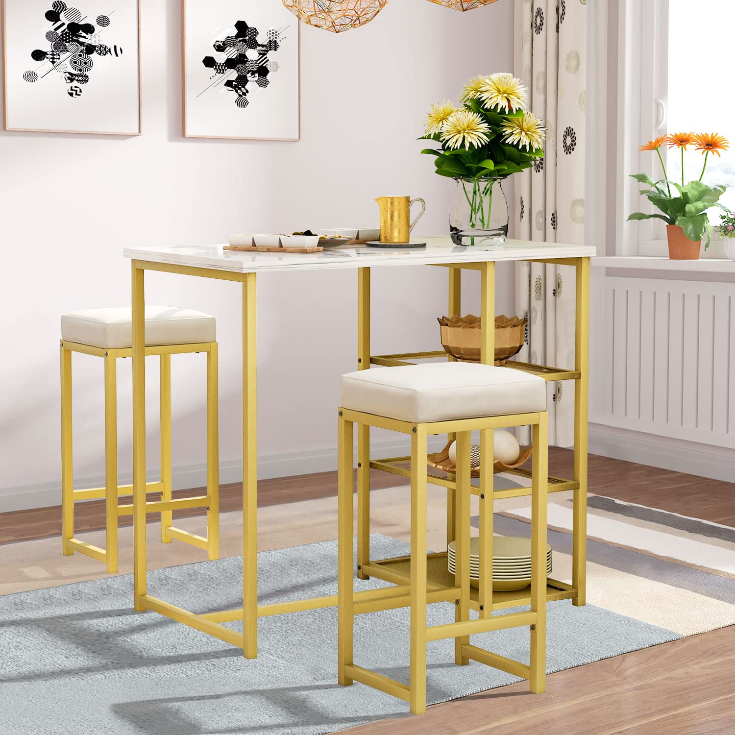 Modern 3-Piece Bar Table Set with 2 PU Stools & Storage Shelves - Counter Height Pub Dining Table for Small Spaces - Perfect for Kitchen, Breakfast Nook & Apartment Entertaining