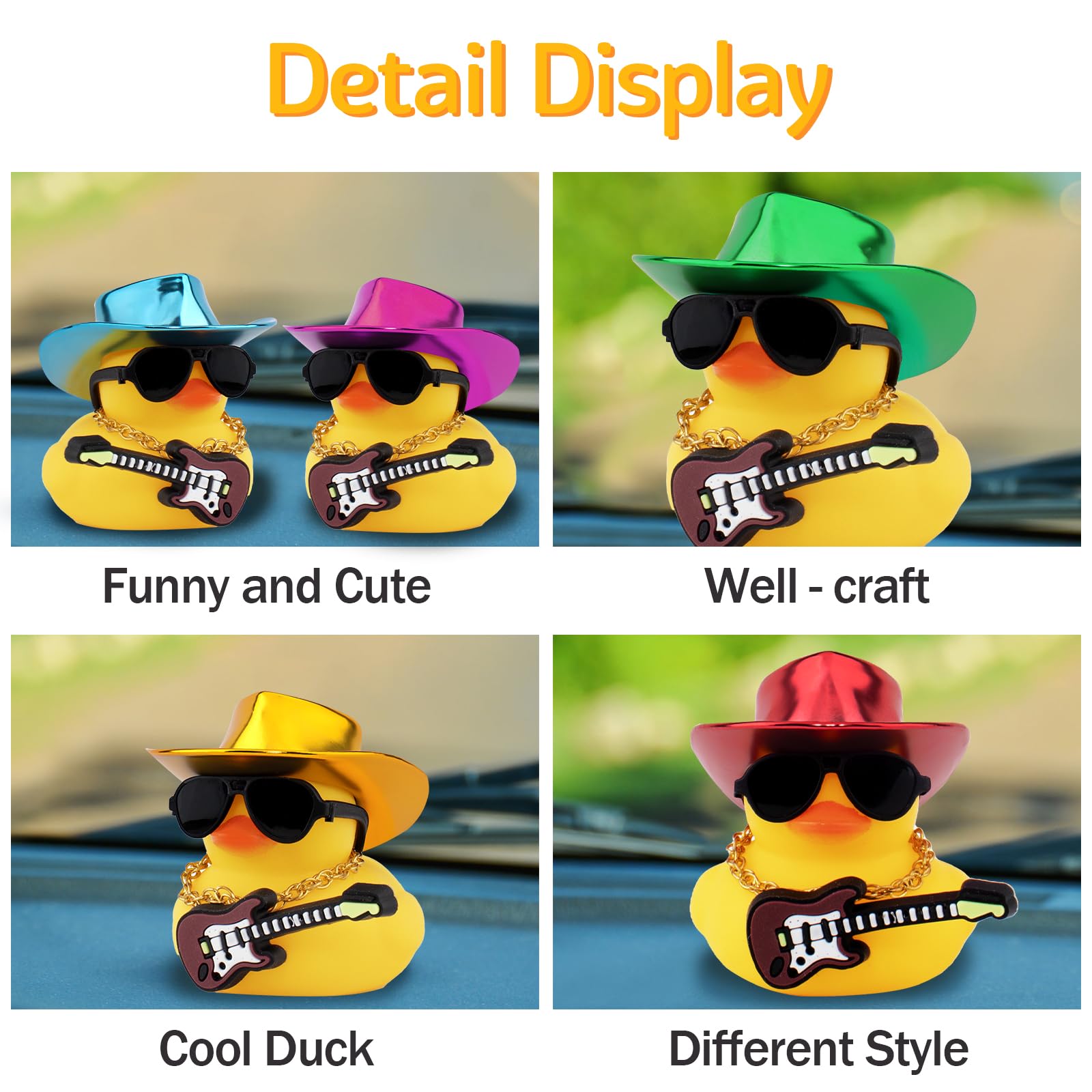 Wonuu Rubber Duck Car Ornaments with Cowboy Hat, Necklace & Sunglasses - Blue Guitar Duck Dashboard Decor for Cool Car Accessories, Perfect for Road Trips & Gift Giving
