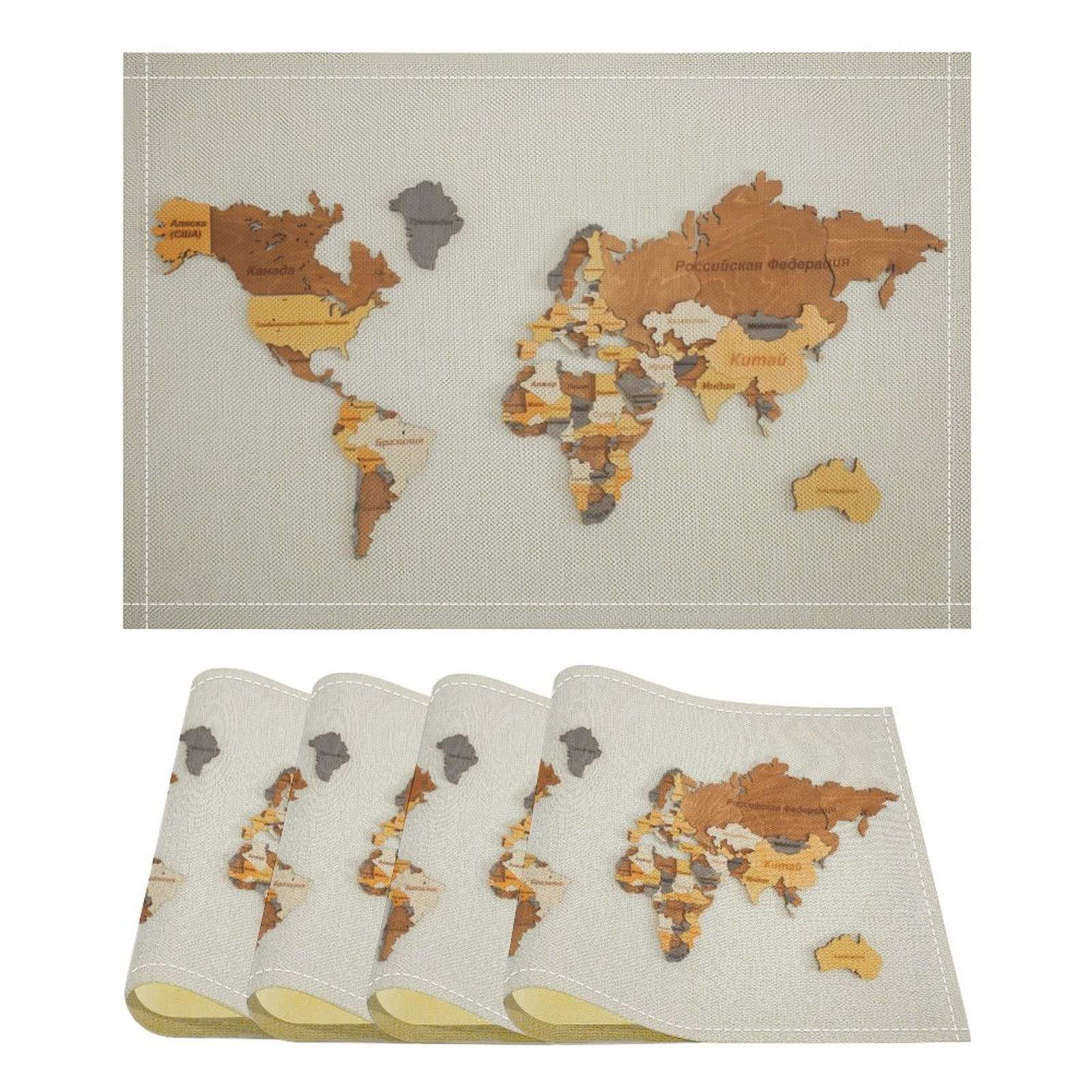 World Map Linen Placemats Set of 4 - Heat Resistant, Waterproof & Washable Dining Table Mats for Kitchen, Restaurant, Patio - Perfect for Indoor/Outdoor Decor & Easy Cleaning