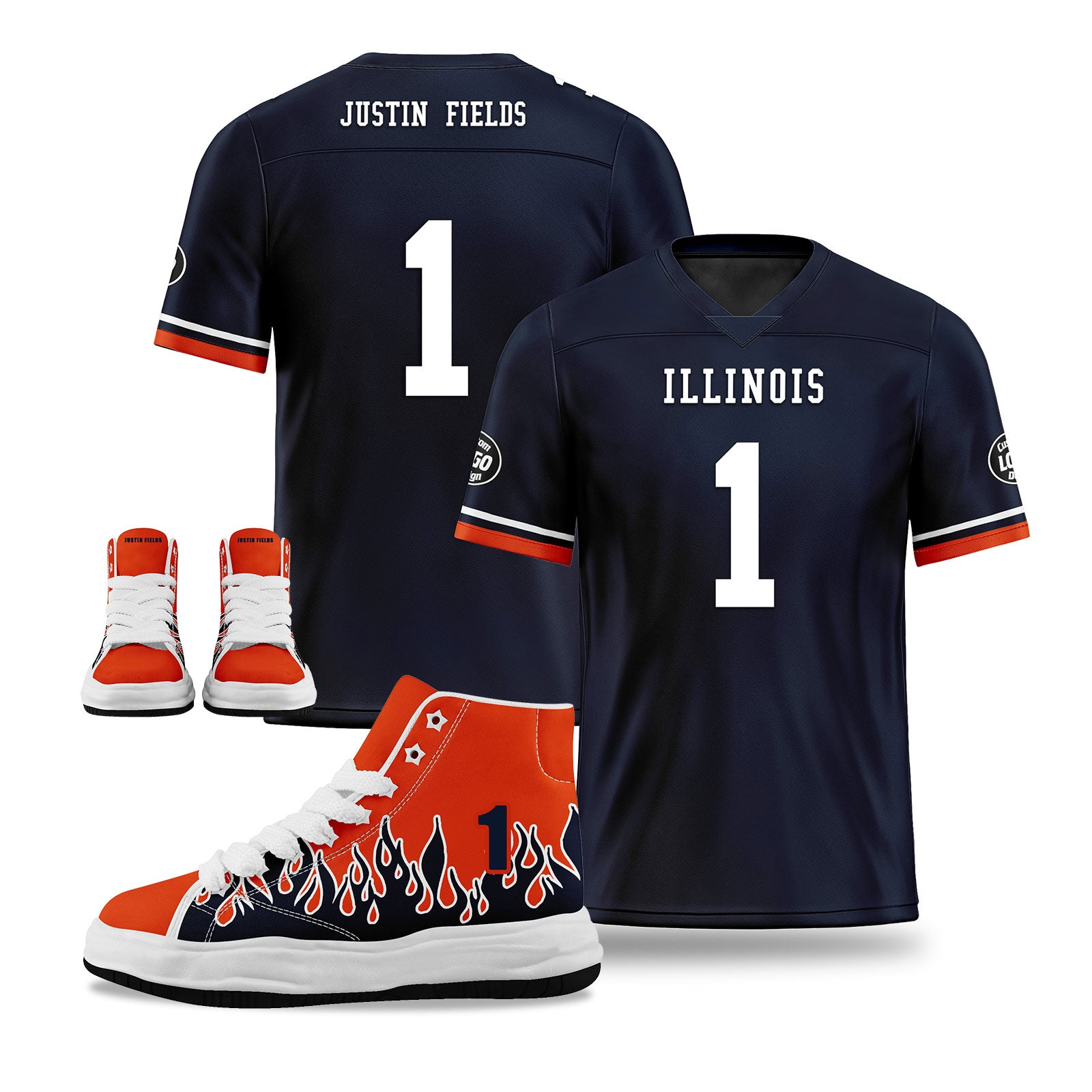 Custom Chicago Football Jersey & Firesoul Sports Shoes Combo - Personalized Blue & Orange NFL Jersey with High-Performance Athletic Shoes for Football Fans & Players | Game Day Outfit, Training Gear, Sports Gift