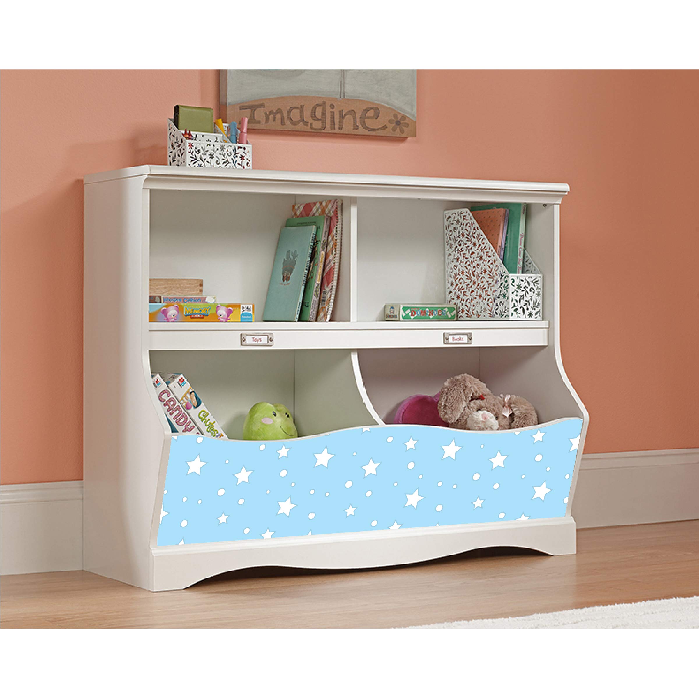 LifeSong Milestones Bookcase Footboard with Cubbyhole - Kids Book Storage Organizer, Toy Shelf for Nursery, Playroom & Bedroom - Soft White Finish with Stars (Blue) - Perfect for Organizing Books, Toys & Decor in Children's Rooms