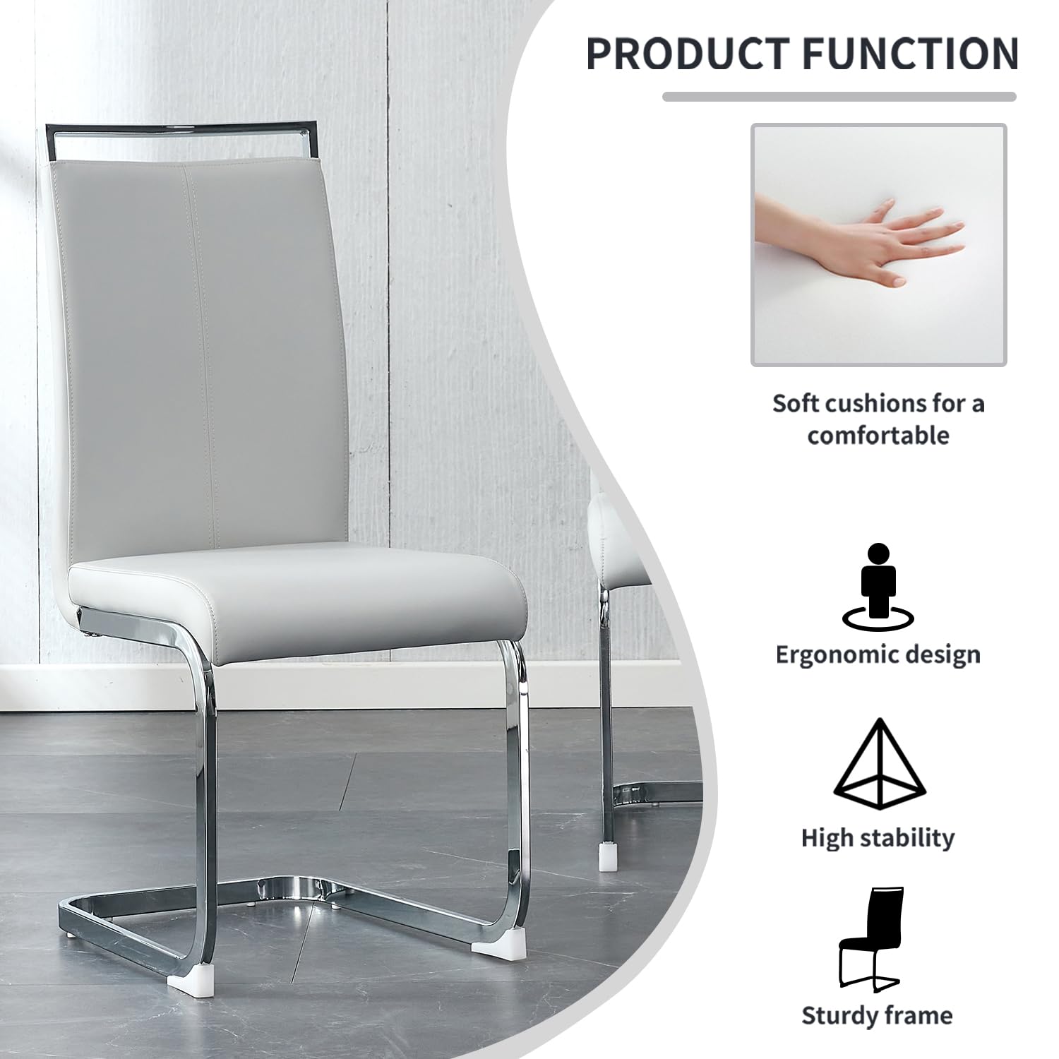 Modern Metal Dining Chairs Set of 2 - High Back Faux Leather Padded Kitchen Chairs with Sturdy Chrome Legs - Light Gray for Dining Room & Breakfast Nook