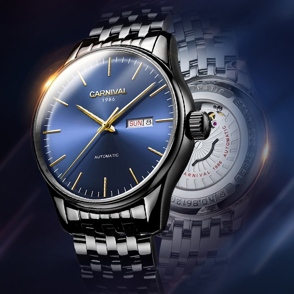 Gosasa Men's Automatic Mechanical Stainless Steel Watch - Ultra Thin Simple Day Date Waterproof Wristwatch for Business & Casual (Black/Blue) | Perfect for Office, Dating & Everyday Wear