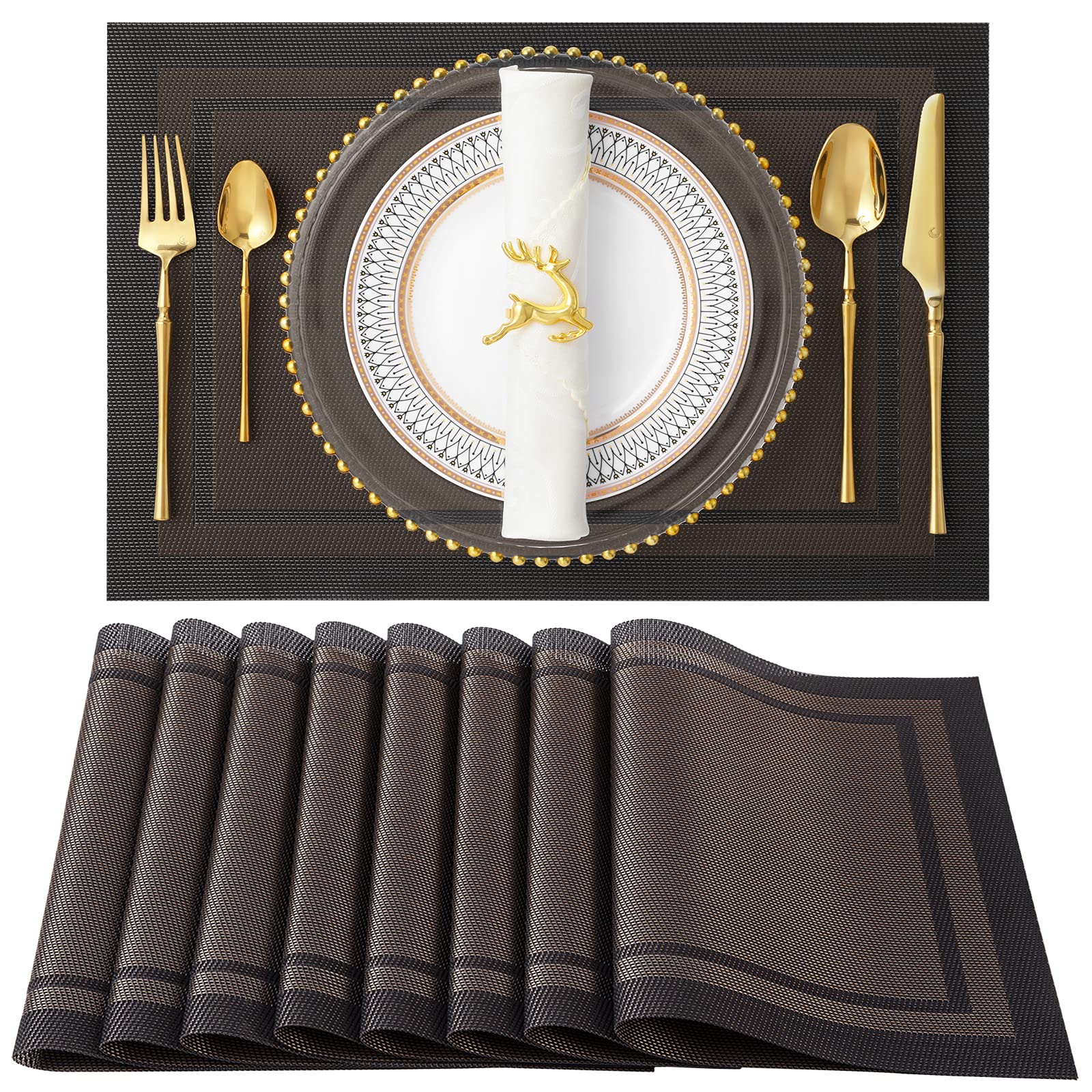 Premium SENDAY Placemats Set of 8 - Heat & Stain Resistant Non-Slip PVC Table Mats for Kitchen Dining - Washable Durable Woven Vinyl Placemats for Everyday Use, Dinner Parties & Holiday Gatherings