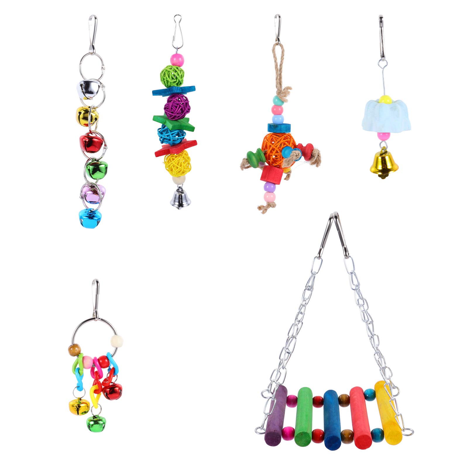 POPETPOP 6pcs Bird Toys Set - Chewing, Bells, Playing Balls & Wooden Ladder Swing for Parrots, Conures, Cockatiels & Cockatoos - Cage Accessories for Mental Stimulation & Playtime Fun