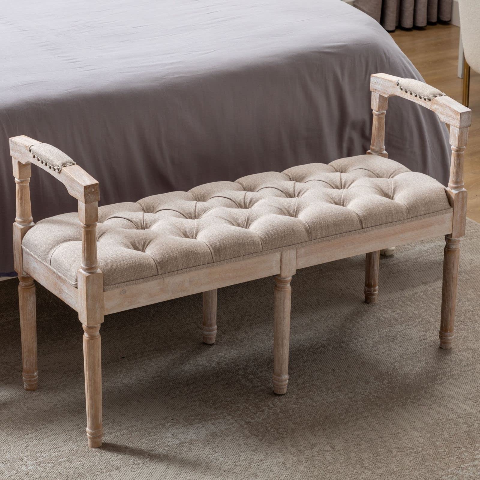 Mid Century Modern Linen Upholstered Bench with Wood Legs - Button Tufted Entryway Bench, Rustic Footrest Ottoman for Bedroom, Living Room & Dining Room - Beige Fabric Sofa Bench for Home Decor & Relaxation