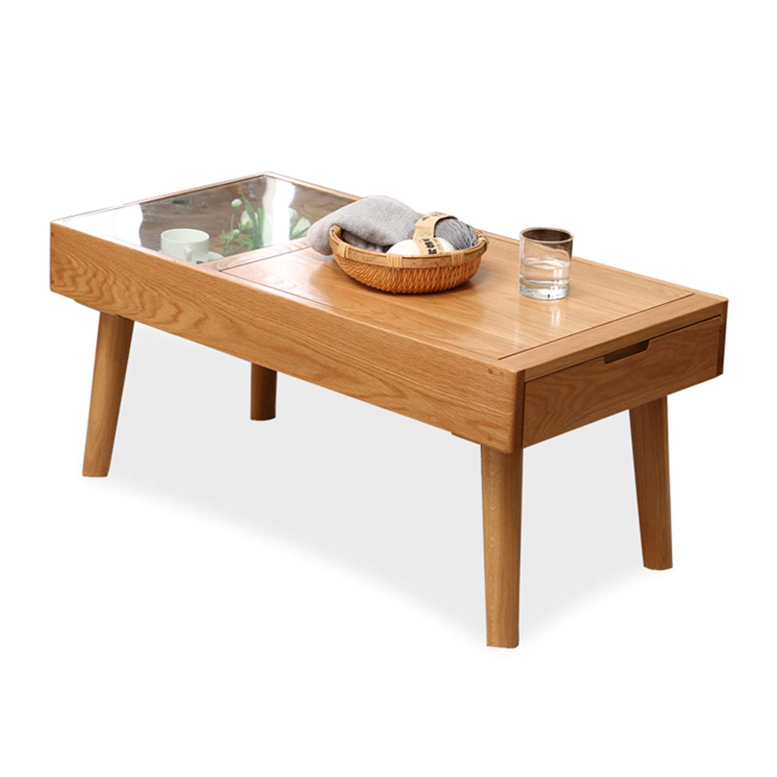 Japanese Style Wooden Coffee Table with Drawer & Storage - Small Side Table for Sofa, Living Room, TV - Solid Wood Rectangular End Table - Easy Assembly (Perfect for Small Spaces, Apartments & Home Decor)