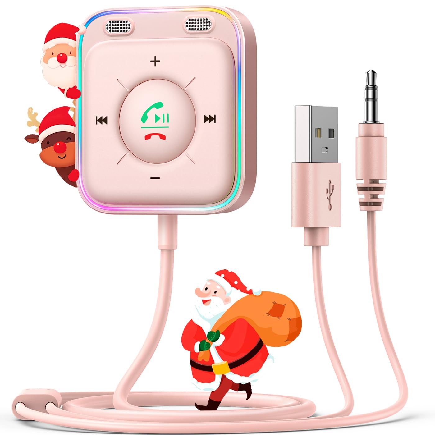 Bluetooth 5.4 Car AUX Adapter with Dual Microphones & Noise Cancellation - Wireless Bluetooth Car Kit for iPhone 16/15 Series (Pro/Pro Max/Plus) - Hands-Free Calling & Music Streaming - Perfect for Commuting & Road Trips (Pink)