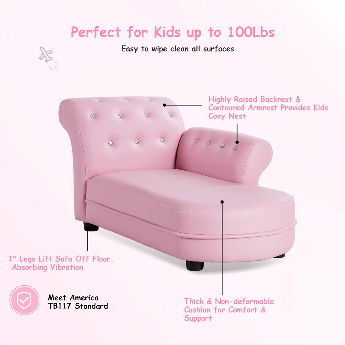 GLACER Pink Princess Toddler Sofa - PVC Leather Kids Couch with Embedded Crystals, Upholstered Chaise Lounge & Armchair for Girls | Perfect for Playrooms, Bedrooms & Birthday Gifts