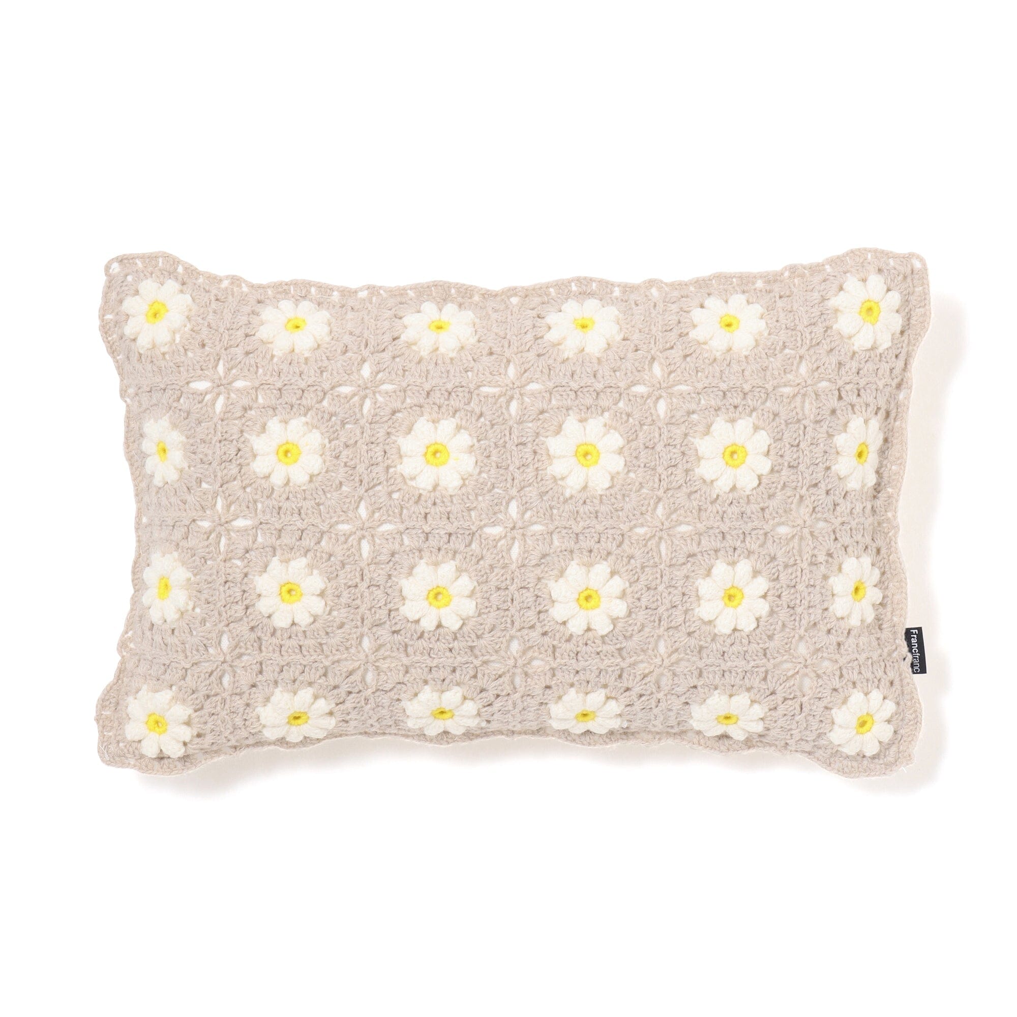 Handmade Crochet Flower Cushion Cover 16x10 Inches - Soft Beige Boho Pillow Case for Sofa, Bed, Chair - Home Decor Gift for Women