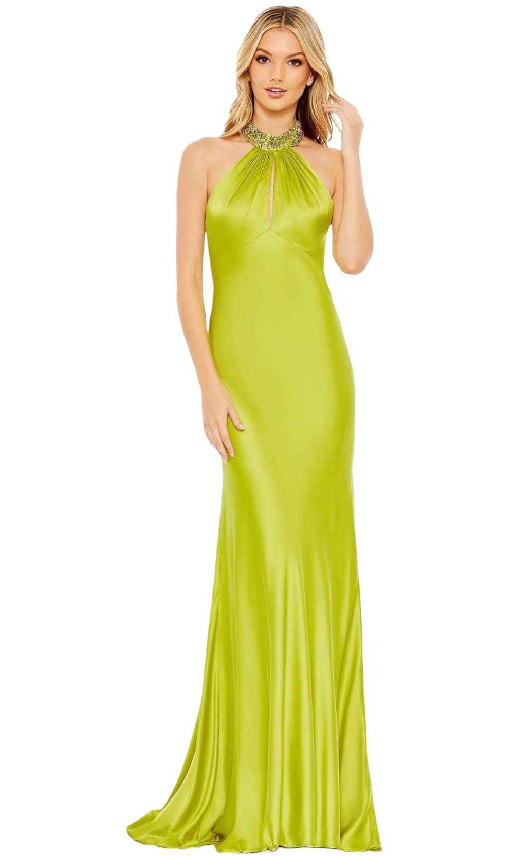 Mac Duggal 68063 Women's High Halter Neck Evening Gown in Lime Green - Size 8 | Formal Party Dress for Prom, Wedding, Cocktail Events