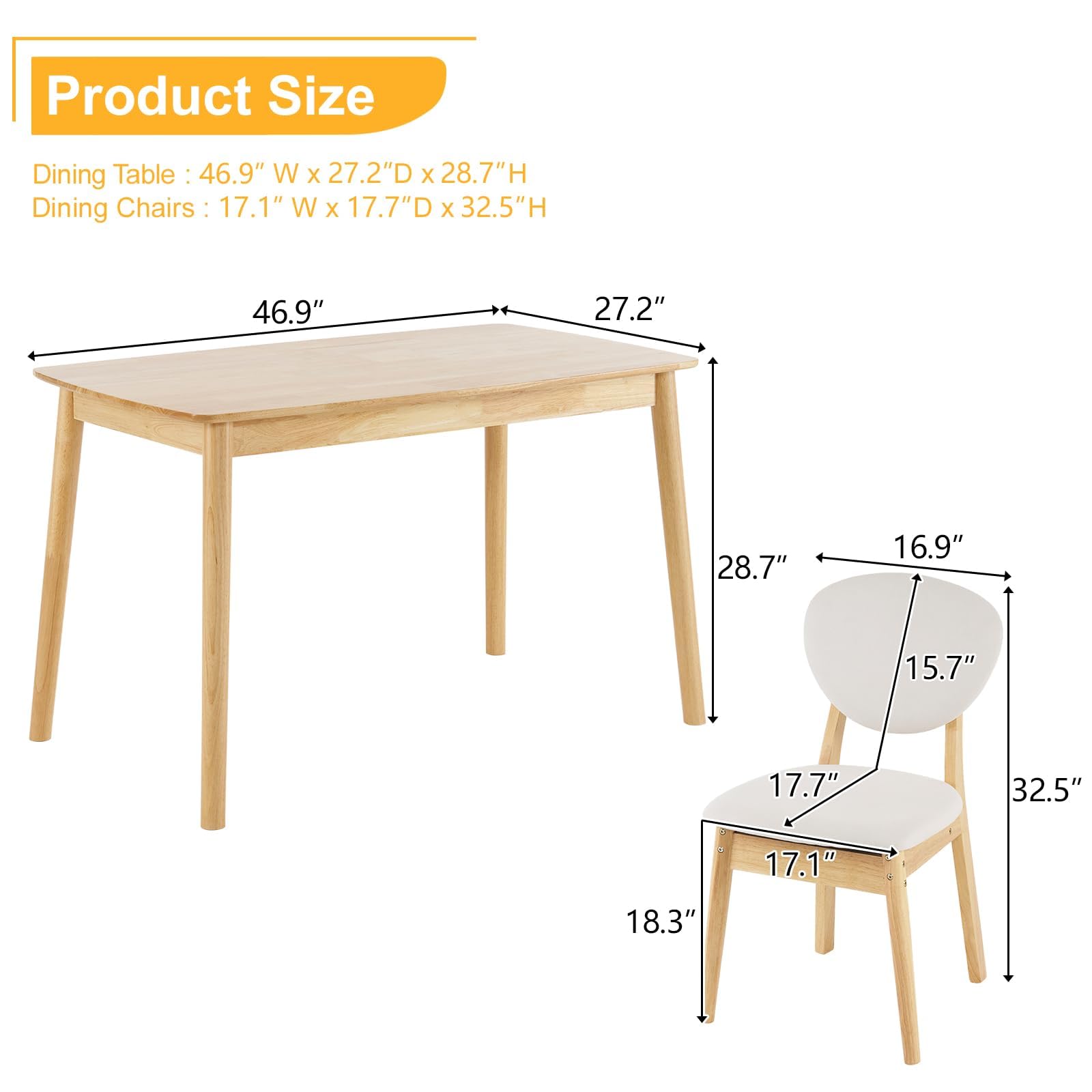 Karl Home Modern 5-Piece Natural Wood Dining Table Set for 4 - Mid-Century Compact Kitchen Table & Chairs with Padded Seats - Perfect for Small Apartments, Breakfast Nooks & Cozy Dining Rooms