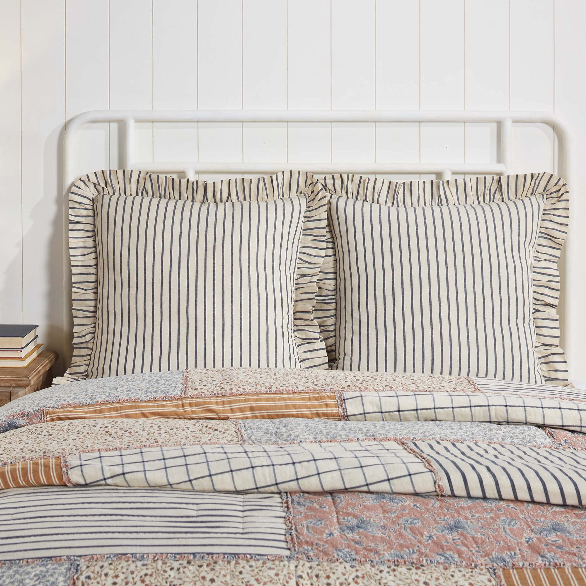 VHC Brands Kaila Vintage Farmhouse Euro Sham Pillow Cover 26x26 - Blue Striped Cotton Decorative Throw Pillow Case for Bedroom, Living Room & Farmhouse Decor