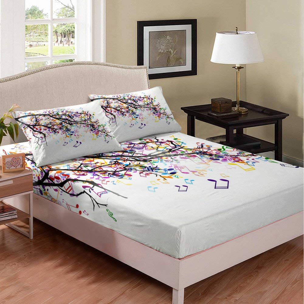 Kids Music Note Floral Pattern Fitted Sheet Set - Black Tree Branch Design with Colorful Music Notes, Deep Pocket Full Size, 3-Piece Duvet Cover (1 Fitted Sheet + 2 Pillowcases) for Music Lovers' Bedroom Decor