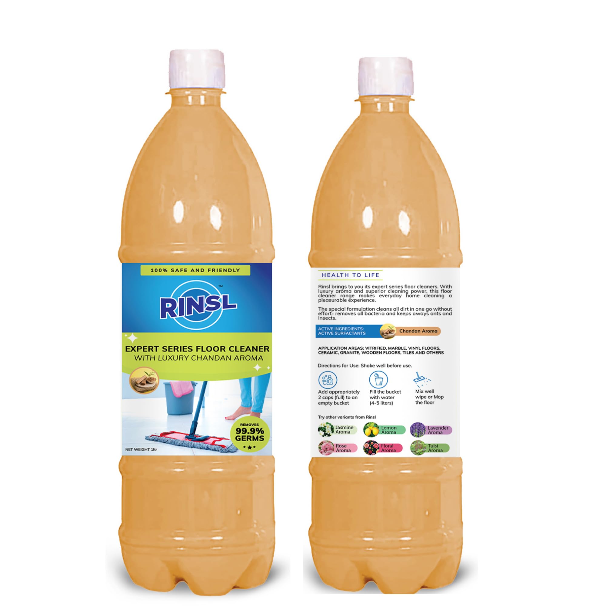 Rinsl Luxury Chandan Floor Cleaner - 2 Liters (Pack of 2) | Natural Scent, Deep Cleaning | Perfect for Hardwood, Tile & Marble Floors