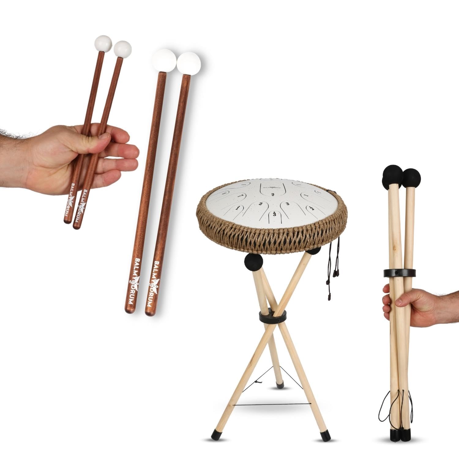 Premium Solid Beech Wood Handpan Drum Set with Steel Tongue Drum & Wooden Sticks - Complete Percussion Kit for Beginners & Professionals - Perfect for Meditation, Music Therapy & Live Performances