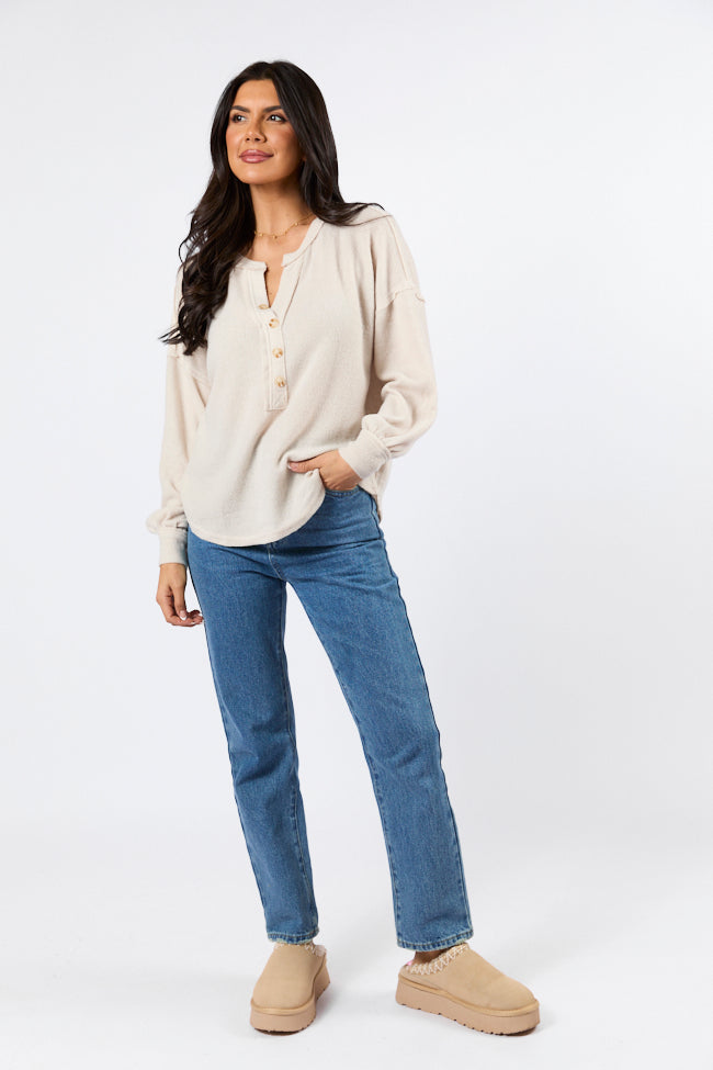 Soft Brushed Rib Oatmeal Henley Knit Long Sleeve Top for Men - Cozy Casual Wear for Fall & Winter Layering
