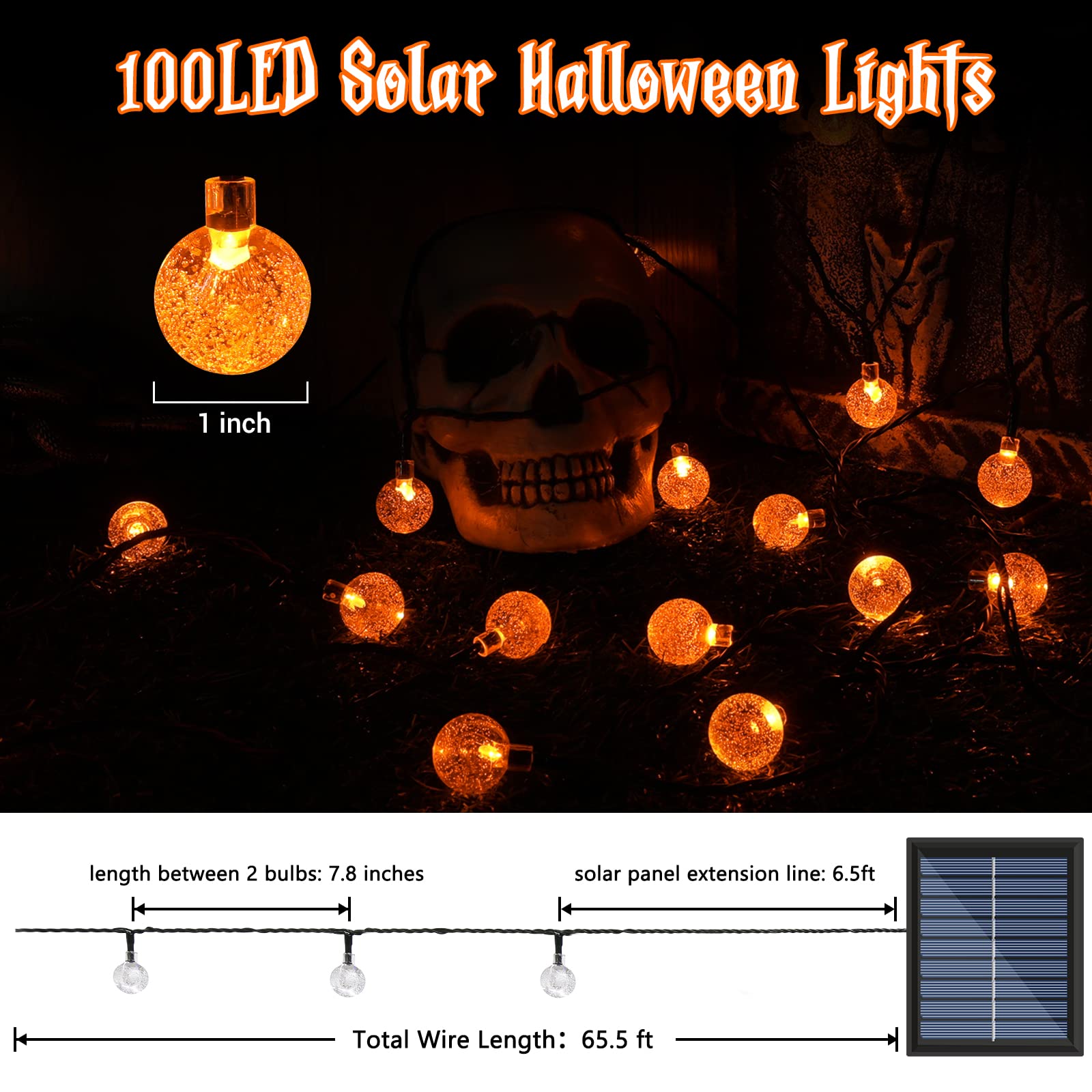 Lomotech 72FT 100 LED Orange Solar Halloween String Lights - Waterproof Outdoor Halloween Decorations with 8 Lighting Modes for Yard, Garden, Party, and Holiday Decor