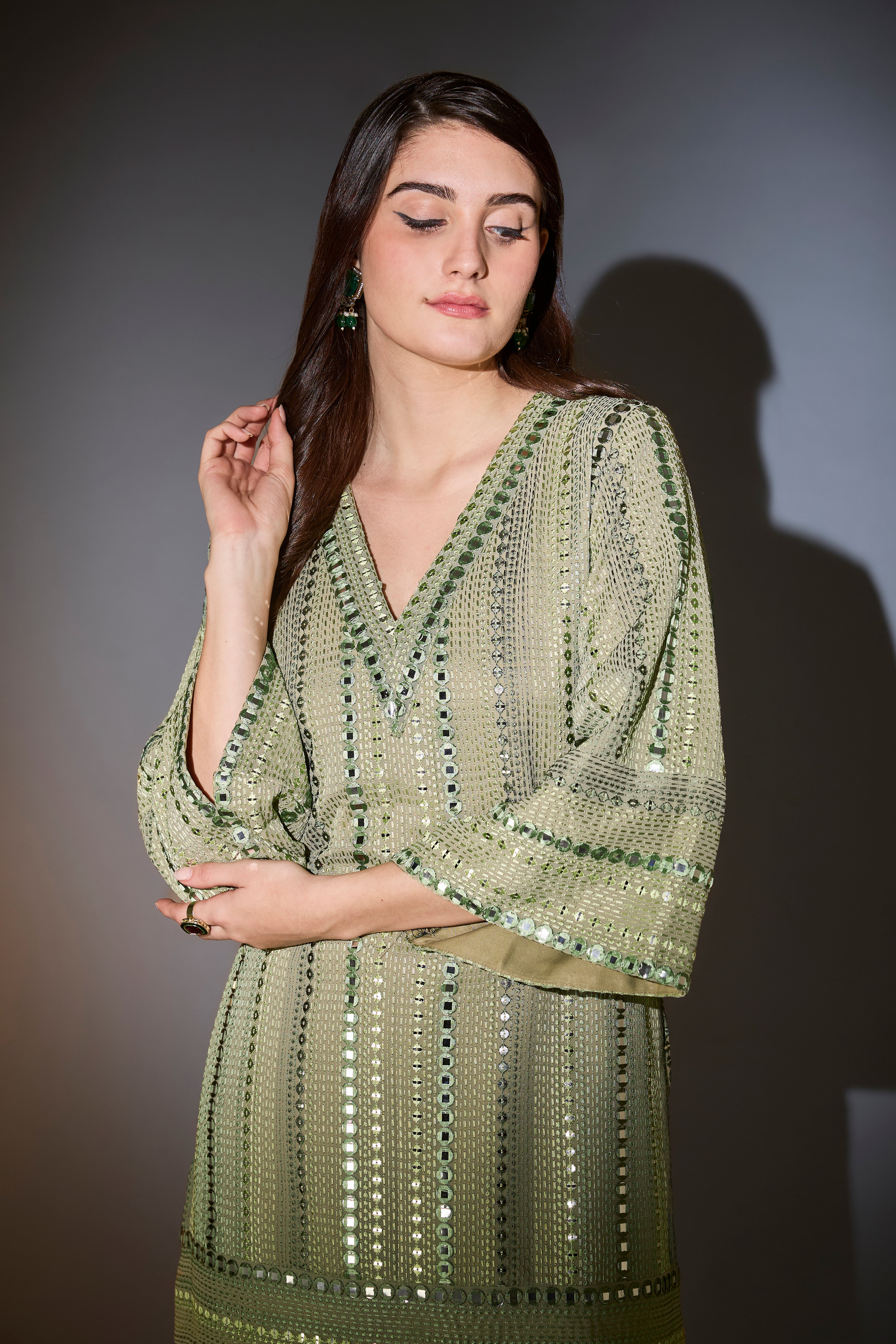 Elegant Mint Green Mirror Work Co-Ord Set with Intricate Tone-on-Tone Thread Embroidery | Perfect for Festive Occasions, Weddings & Ethnic Fashion