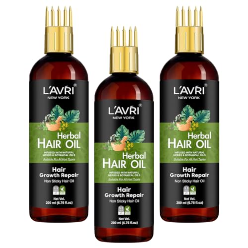 LAVRI Natural Herbal Hair Oil for Men & Women - Hair Growth Treatment, Reduces Hair Loss & Dandruff, Nourishes Scalp - 200ml (Pack of 3) | Perfect for Daily Hair Care & Scalp Massage at Home