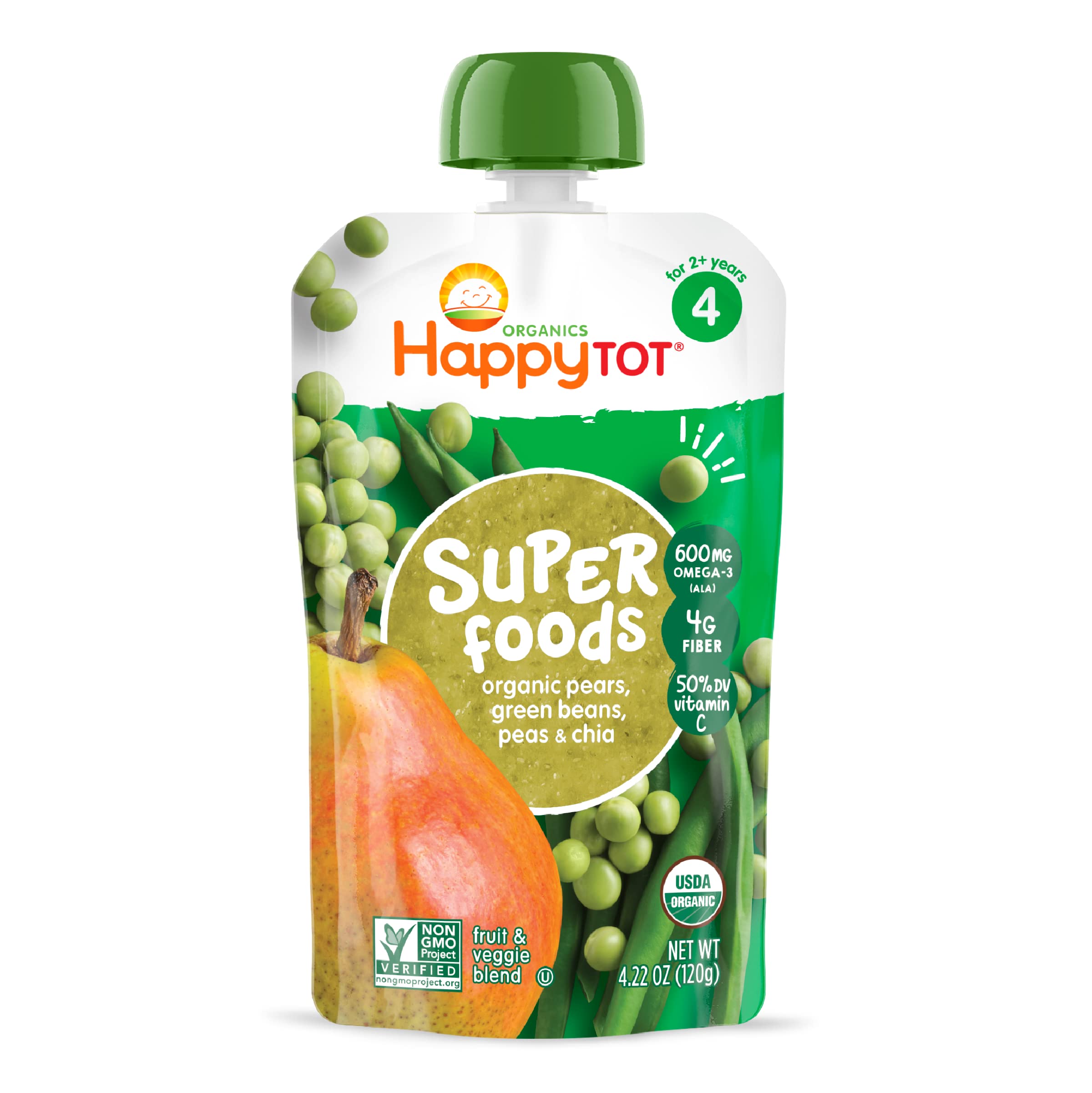Happy Tot Organics Stage 4 Baby Food Pouches - Gluten Free, Vegan Snack with SuperFoods Fruit & Veggie Puree (Pears, Peas, Green Beans & Chia) - 4.22oz Pack of 1 - Perfect for On-the-Go Meals & Healthy Toddler Snacking