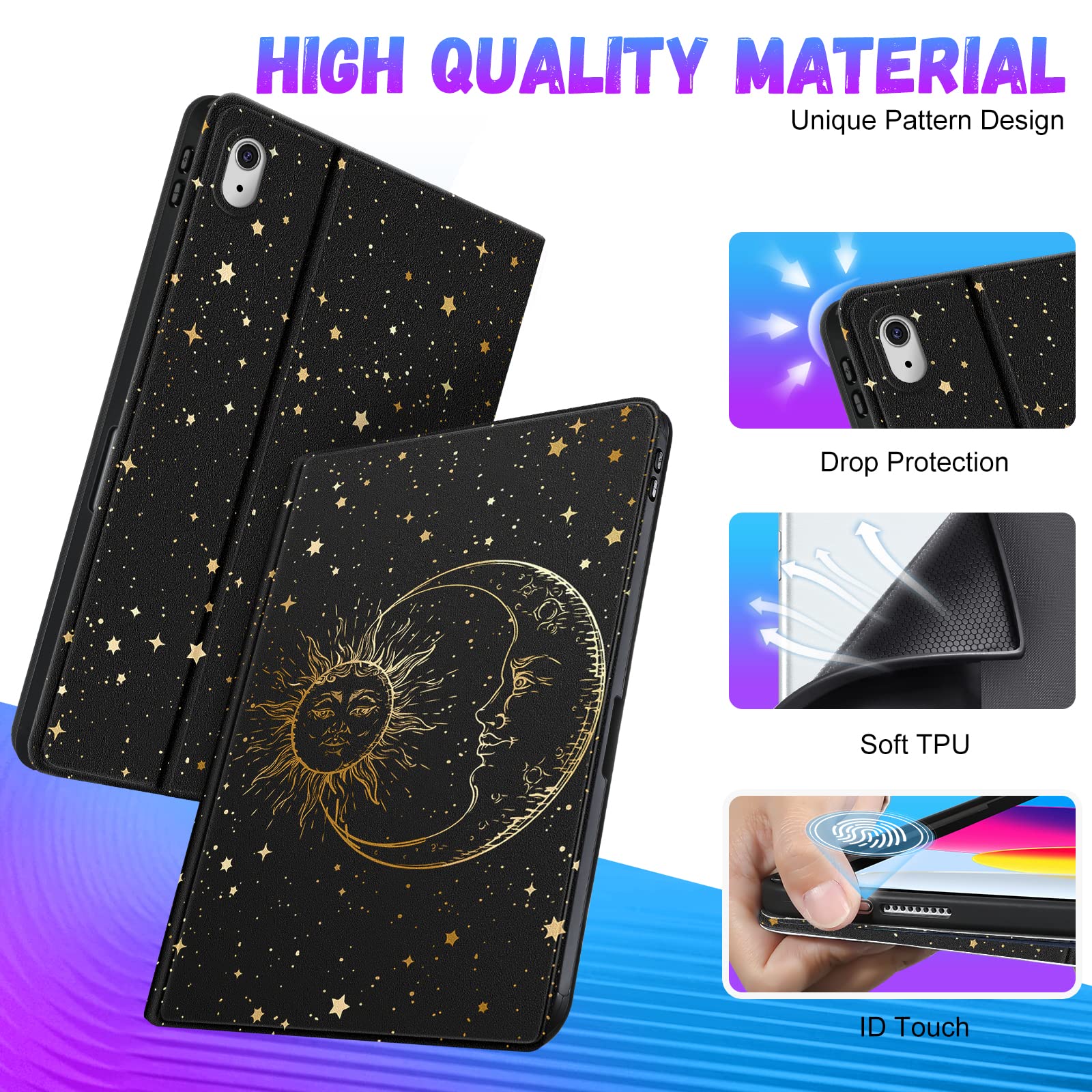 10.9 Inch iPad Case for 10th & 11th Generation (2025) - Cute Sun and Moon Aesthetic Folio Cover with Pencil Holder | Kawaii Protective Case for iPad 10.9
