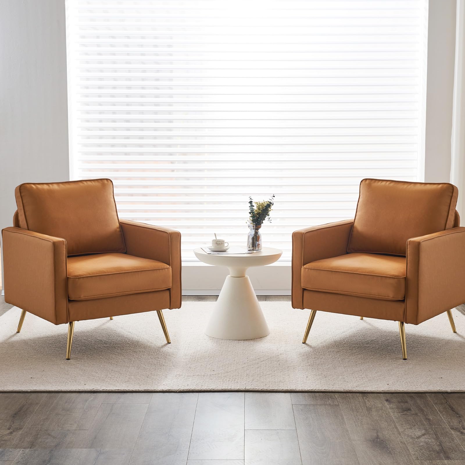 VINGLI Mid Century Modern PU Leather Accent Chair with Gold Legs - Brown Upholstered Armchair for Living Room, Bedroom & Apartment - Perfect for Reading Nook, Home Office or Lounge Area