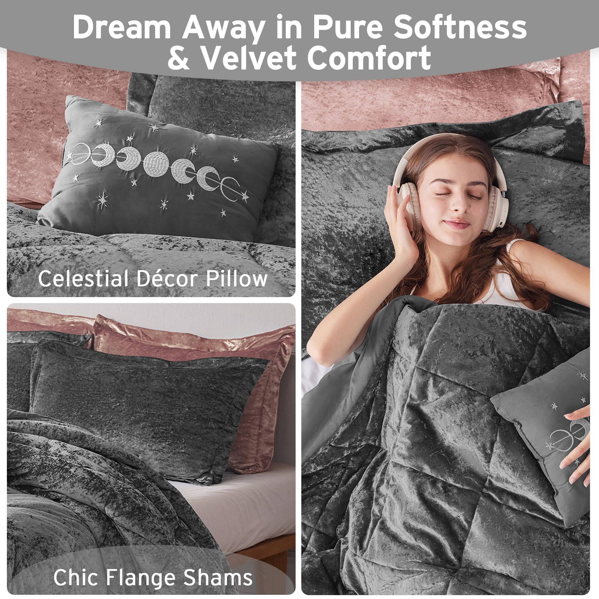 Luxury Velvet Queen Duvet Cover Set - Diamond Quilting Grey Bedding with Decorative Pillow & 2 Shams (4-Piece) - Soft Fluffy Comforter Cover for Full/Queen Bed - Perfect for Master Bedroom, Guest Room & Cozy Winter Nights