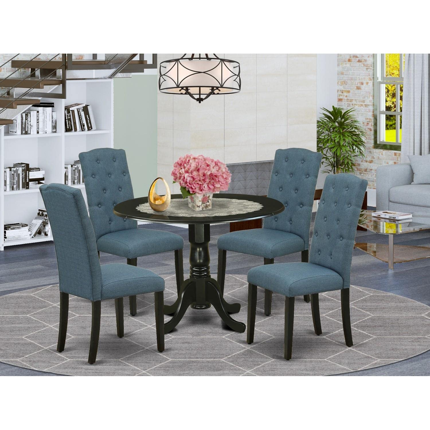 East West Furniture DLCE5-BLK-21 5-Piece Round Kitchen Dining Set with Drop Leaf Table & 4 Mineral Blue Linen Chairs, 42x42 Inch, Black - Perfect for Small Spaces, Breakfast Nooks, and Cozy Family Meals