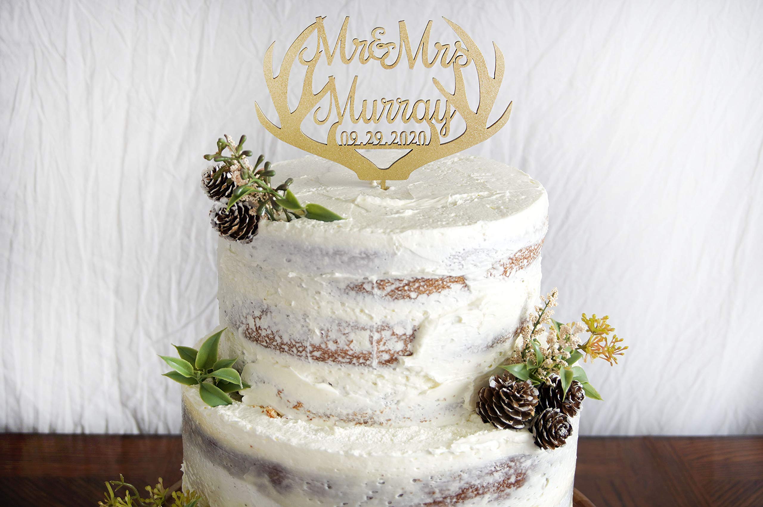 Mr & Mrs Deer Antler Cake Topper - Rustic Calligraphy Wedding Anniversary Cake Decoration - Custom Personalized Cake Topper for Weddings, Anniversaries & Romantic Celebrations