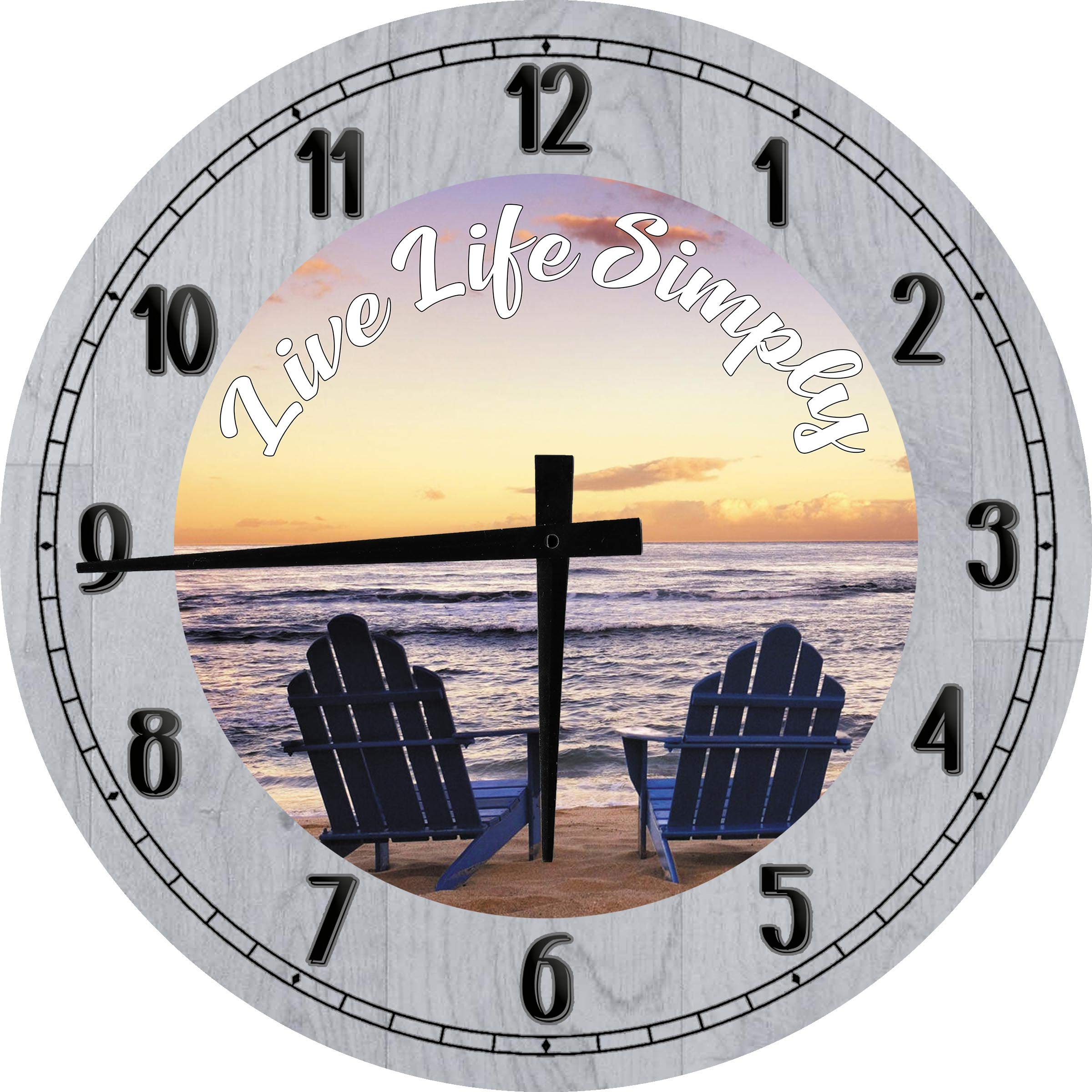 12 Inch Gray Round Wood Wall Clock - Beachy Wall Art with Relaxing Beach Chairs Design, Perfect for Coastal Home Decor & Living Room, Bedroom, Office