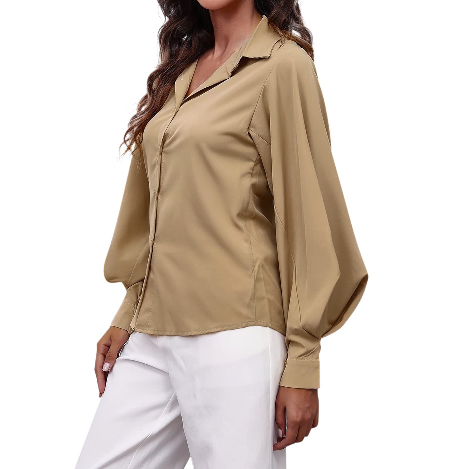 Women's Long Sleeve Lapel Blouse with Button Down & Elastic Cuffs - Stylish Trumpet Sleeve T-Shirt for Summer | Office Wear, Casual Outfits, Date Night