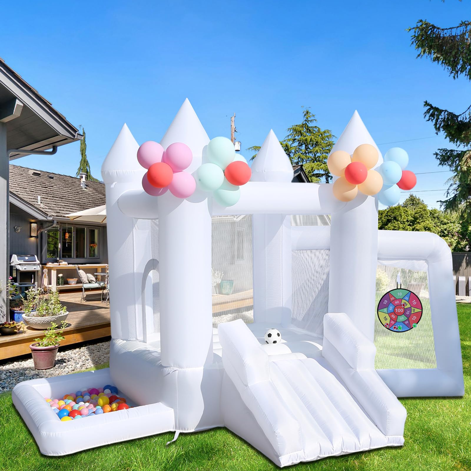 White Bounce House with Blower - 8ft x 11ft Inflatable Bouncy Castle for Kids | Backyard, Birthday Parties, Events | Durable Outdoor Play Equipment for Children's Gifts & Family Fun