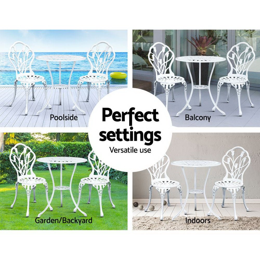 3-Piece Outdoor Bistro Set - White Tulip Cast Aluminum Patio Table and Chairs for Garden, Balcony & Backyard Dining | Weather-Resistant Patio Furniture